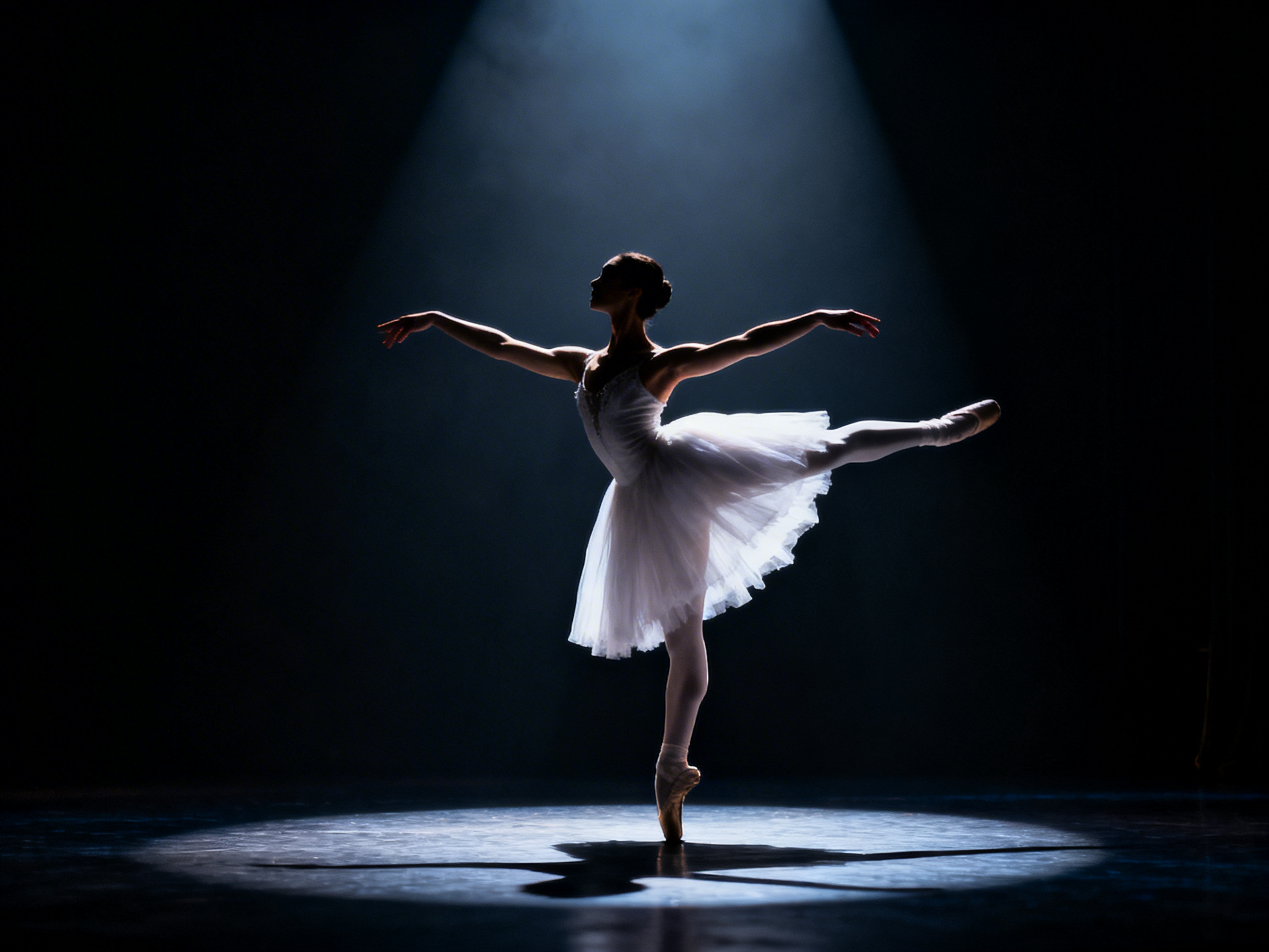 图中展示了一位芭蕾舞女演员在漆黑舞台中央起舞的瞬间。一束强烈的白色顶光从上方垂直打下，在地面形成一个明亮的圆形光斑，舞者的身影在光影对比中显得格外优雅。她身穿洁白的古典芭蕾舞裙，单脚脚尖着地，另一条腿向后方平直抬起，双臂向两侧舒展，呈现出经典的阿拉贝斯克舞姿。画面色调以深邃的黑色为主，光影勾勒出她曼妙的身材轮廓和轻盈的裙摆褶皱。

在 AI 生成的细节方面，存在一些明显的解剖学异常：舞者的左手手指显得过于细长且关节扭曲，呈现出不自然的弯曲状态；右手的手掌与手腕连接处结构模糊，手指数量和形态不够清晰。此外，支撑身体的右脚足尖鞋与地面的接触点透视略显生硬，地面上的影子虽然与动作大致吻合，但在边缘处理上显得有些破碎，缺乏真实光影的细腻过渡。