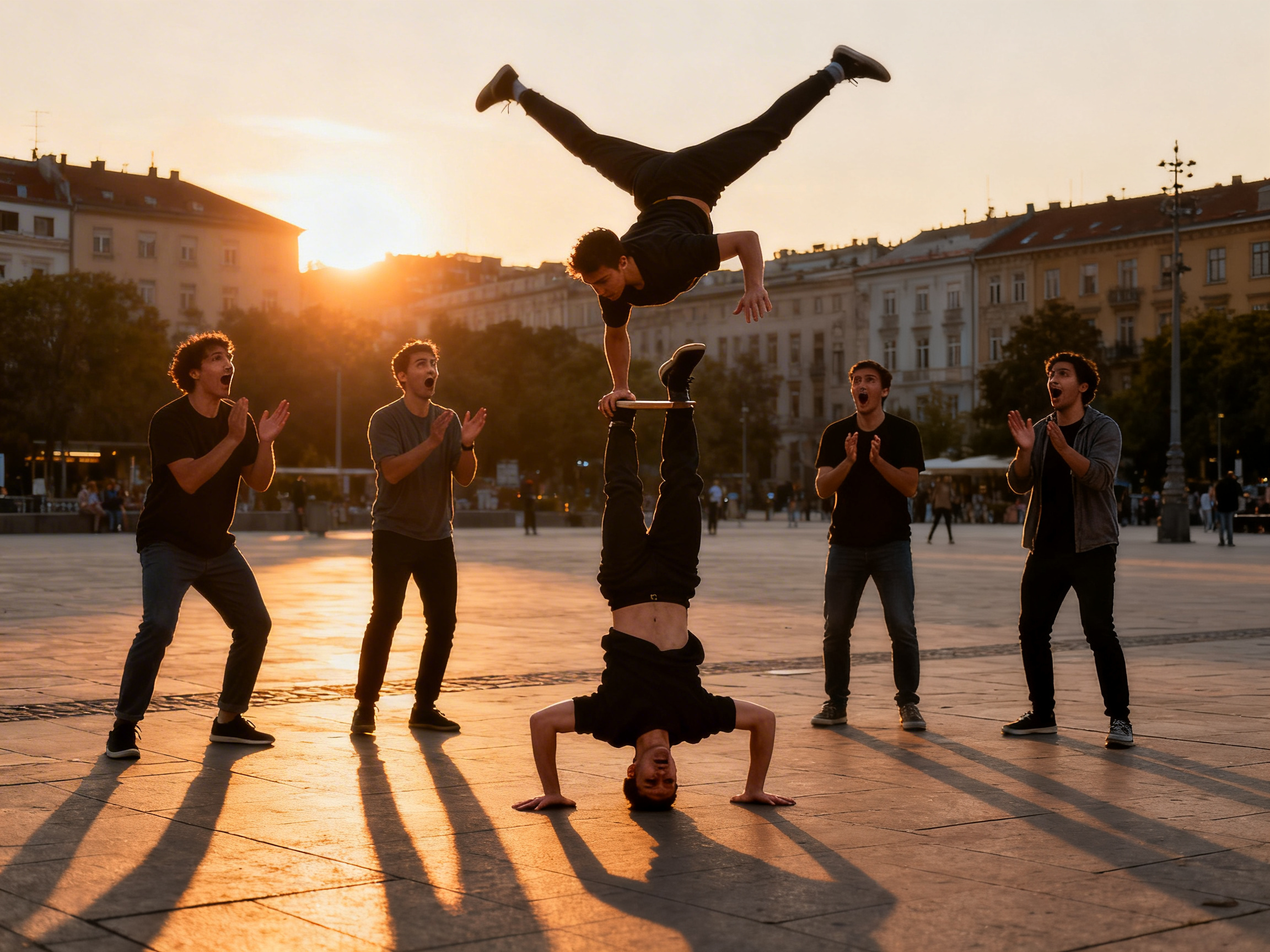 图中展示了一个在城市广场上的黄昏街头表演场景。画面中心是两名男子正在进行高难度的叠罗汉特技：下方男子头顶地倒立，双腿向上伸直，支撑着上方男子的单手倒立。上方男子双腿张开呈大字型，姿态惊人。周围站着四名神情夸张、正在鼓掌喝彩的观众。背景是欧洲风格的建筑群，温暖的夕阳从左侧射入，在地面拉出长长的影子，整体色调呈金橙色。

然而，画面存在明显的 AI 生成缺陷。最显著的是物理逻辑错误：上方表演者的手部支撑在一个悬浮在半空的黑色横杆上，而该横杆并未与下方表演者的脚部真实接触，呈现出一种违背重力的漂浮感。此外，人物的手指线条模糊且扭曲，部分观众的五官表情显得生硬且重复，背景建筑的窗户细节也存在透视上的不连贯。