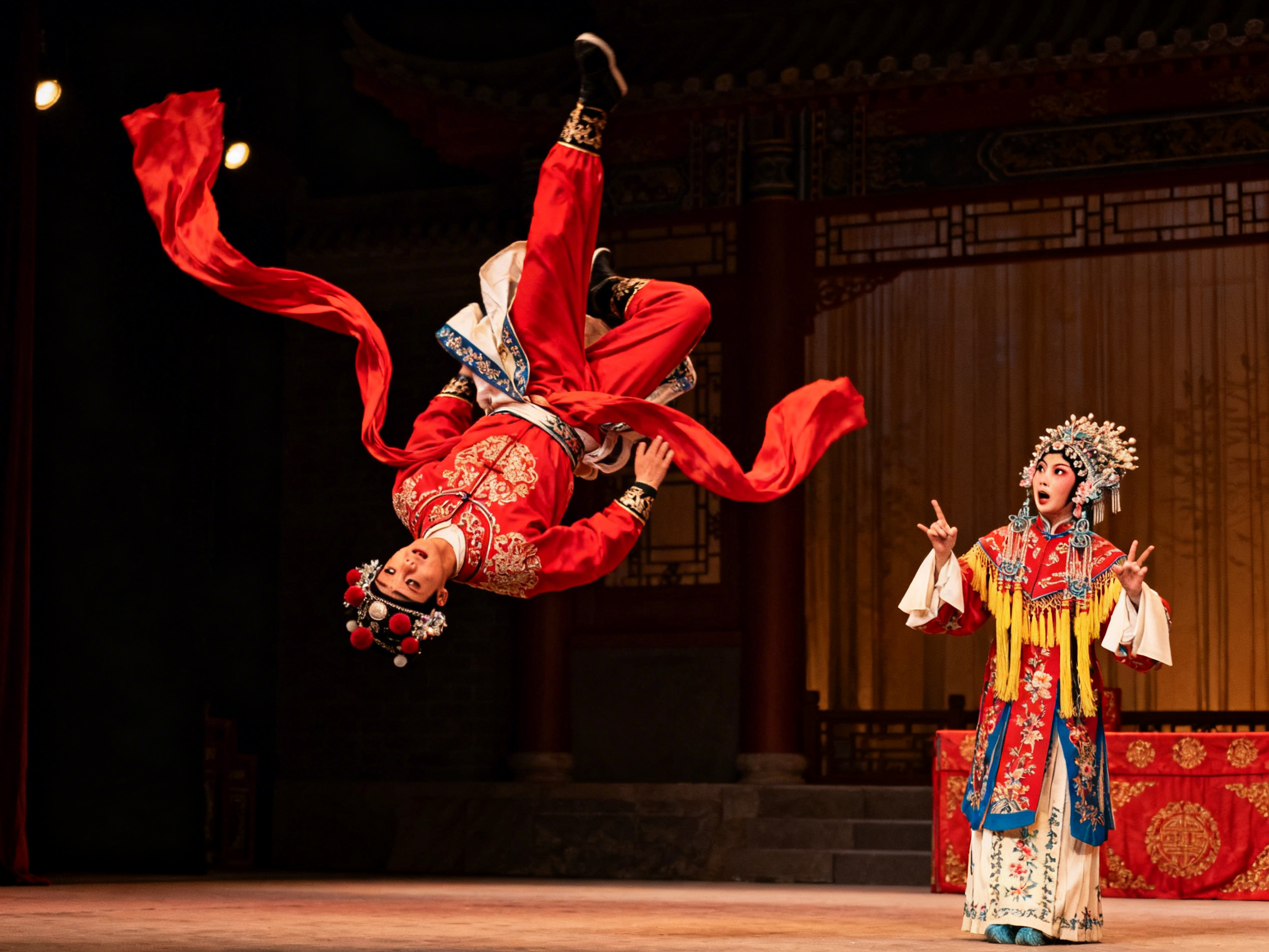 图中展示了一个京剧舞台表演的瞬间，背景是古色古香的红色中式建筑。画面左侧，一名身穿红色刺绣戏服、头戴武生头盔的男演员正在空中完成一个高难度的后空翻动作，他身体倒悬，红色的长绸带随之在空中飘逸舞动，极具动感。画面右侧站着一位旦角演员，她身着精致的红蓝相间戏服，头戴华丽的凤冠，正做出惊讶的表情并伸手指点。整体色调以暖红和金黄色为主，光影对比强烈，营造出浓厚的戏剧氛围。然而，画面中存在明显的 AI 生成缺陷：空翻演员的左手手指结构模糊且扭曲，右手的手指数量和形状也显得不自然；右侧旦角演员的双手手指呈现出不规则的长短和弯曲，且其左脚处似乎多出了一块蓝色的色块，与鞋子的透视关系不符。此外，背景建筑的线条在演员身体边缘处略显模糊。