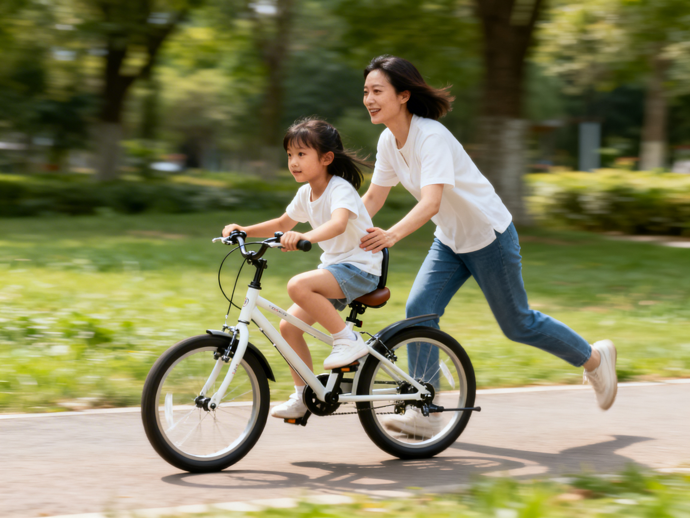 图中展现了一个充满活力的户外场景，一位母亲正带着年幼的女儿在公园小径上练习骑自行车。画面构图呈现出从右向左的动态感，背景是绿意盎然的树木和草坪，带有明显的运动模糊效果，营造出速度感。母亲身穿白色短袖和蓝色牛仔裤，正弯腰奔跑，双手护在女儿身后；小女孩穿着同样的白色 T 恤和牛仔短裤，双手紧握白色自行车的车把，神情专注。

然而，画面中存在多处明显的 AI 生成缺陷：首先，母亲扶着孩子背部的手部结构异常，手指显得模糊且扭曲；其次，自行车的机械结构不合理，前叉与车架的连接处逻辑错误，且缺少刹车线连接到轮毂的细节；最明显的错误在于母亲的腿部，她奔跑时抬起的右脚脚踝处连接异常，且脚部轮廓与地面投影不匹配。此外，小女孩踩在踏板上的左脚也显得有些变形，与自行车的物理位置关系不够自然。