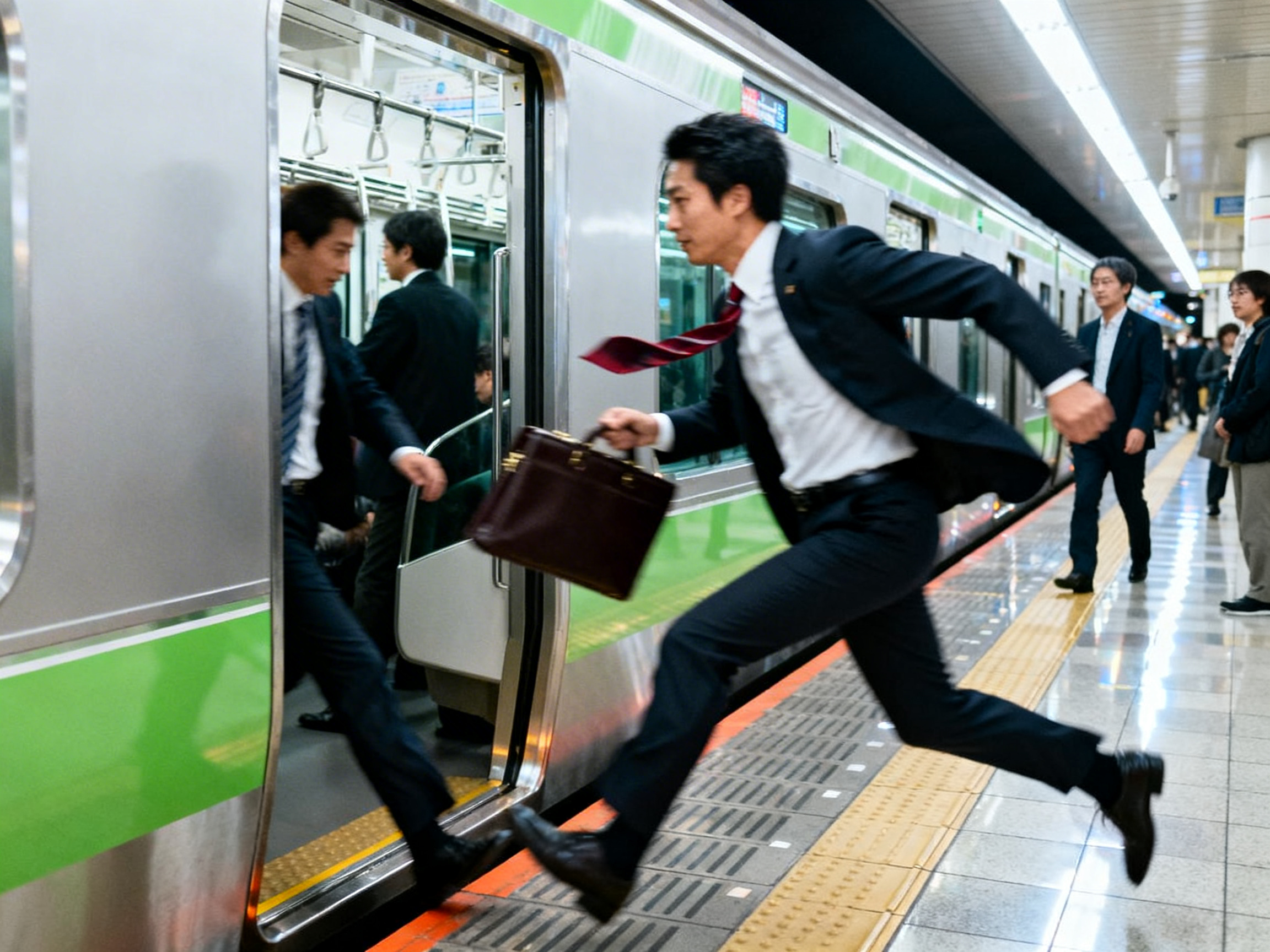 图中展现了一个繁忙的日本地铁站台场景。画面中央，一名穿着深色西装、系着红色领带的上班族正提着公文包，以极大的跨步向正在关门的地铁车厢飞奔，他的领带随风飘起，神情焦急。地铁车身呈银色，带有醒目的绿色条纹。背景中还有其他几位穿着正装的男士在站台上行走或在车厢门口张望。画面整体色调偏冷，站台灯光明亮，地面反射着光影。

然而，这张图片存在明显的 AI 生成缺陷：最显著的是奔跑男子的腿部动作极不自然，左腿似乎直接穿过了站台边缘，且脚部与地面的接触位置存在透视错误。车厢门口另一名男子的手部线条模糊且结构畸形。此外，背景中人物的五官细节模糊不清，地铁车窗内的光影逻辑也显得混乱，部分扶手吊环的排列呈现出不合理的重叠感。