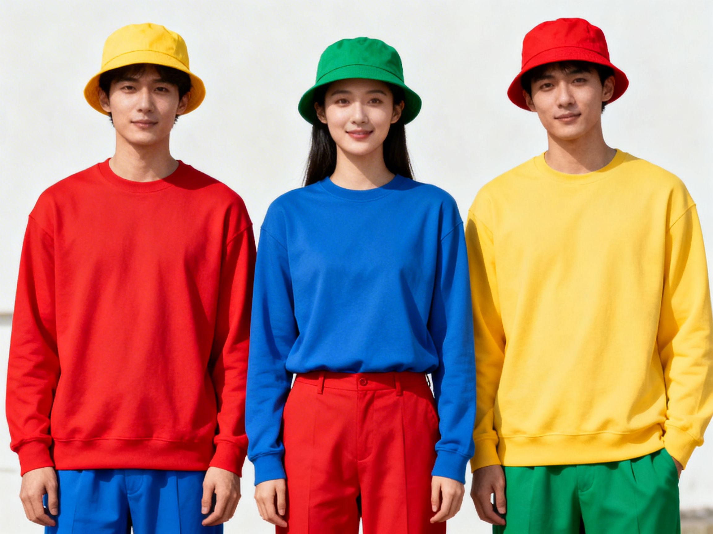 图中展示了三位年轻的亚洲模特并排站立在纯白色背景前，呈现出一种极简且高饱和度的视觉风格。画面中心是一位长发女性，身穿蓝色长袖卫衣、红色长裤并戴着绿色渔夫帽；左右两侧各站一位男性，左侧男子穿红衣蓝裤戴黄帽，右侧男子穿黄衣绿裤戴红帽。三人的服装色彩形成了鲜明的红、黄、蓝、绿对比，构图对称，光线均匀。然而，画面存在明显的 AI 生成缺陷：最左侧男性的右手手指比例失调且模糊，呈现出不自然的扭曲；中间女性的双手手指长度异常，且指尖与裤缝的衔接处显得生硬；最右侧男性的左手插兜姿态僵硬，手部结构缺失。此外，三人衣服的褶皱纹理过于平滑，缺乏真实布料的质感。