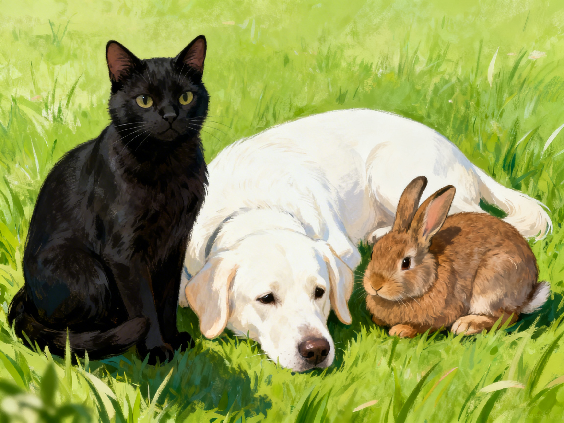 图中展现了一幅充满暖意的数字绘画，场景是一片充满阳光的翠绿色草地。画面中心并排坐卧着三只可爱的小动物：左侧是一只通体漆黑、眼神明亮的黑猫，它端正地坐着，正对着镜头；中间是一只体型较大的白色拉布拉多犬，它温顺地趴在草地上，头枕着前爪，神情显得有些慵懒；右侧则是一只棕色的小兔子，它缩成一个圆滚滚的球状，安静地待在狗狗身边。整体色调明亮清新，笔触细腻，营造出一种跨物种友谊的和谐氛围。

在 AI 生成的细节方面，存在一些明显的逻辑缺陷：黑猫的尾巴末端与后腿的连接处显得模糊不清，且其左前肢的线条略显僵硬；白色狗狗的身体后半部分与尾巴的衔接不够自然，尾巴的毛发质感在末端变得有些杂乱；最右侧的兔子虽然神态生动，但其后腿的结构与身体比例略显失调，且草地上的光影分布在三只动物之间不够统一，缺乏真实的遮挡阴影。