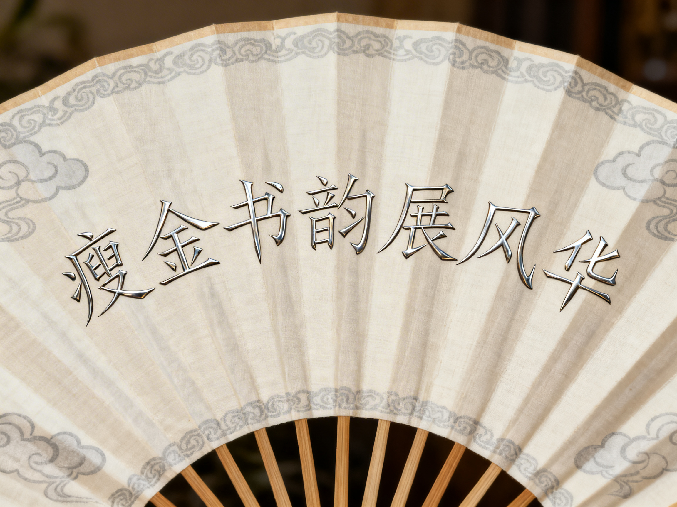 图中展示了一把展开的米白色折扇，扇面呈现出细腻的布料或宣纸质感。扇面的中心位置横向排列着七个银色金属质感的立体汉字，内容为“瘦金书韵展风华”。这些字体模仿了瘦金体的挺拔与锋利，带有明显的反光和阴影效果，仿佛是镶嵌在扇面上的金属片。扇面的边缘装饰有淡灰色的祥云纹样，整体色调素雅，透着一种中式古典韵味。构图上，折扇占据了画面的主体，底部露出几根木质扇骨。在 AI 生成的细节方面，存在明显的逻辑缺陷：金属文字虽然试图模仿瘦金体，但部分笔画的连接处显得生硬且不符合书法法度；最明显的错误在于，这些立体的金属字完全无视了折扇高低起伏的折痕，它们平整地浮在扇面上，没有随着扇面的褶皱产生物理上的形变或断裂，显得极不自然。此外，扇面顶部的边缘线条略显模糊，与背景的衔接不够真实。