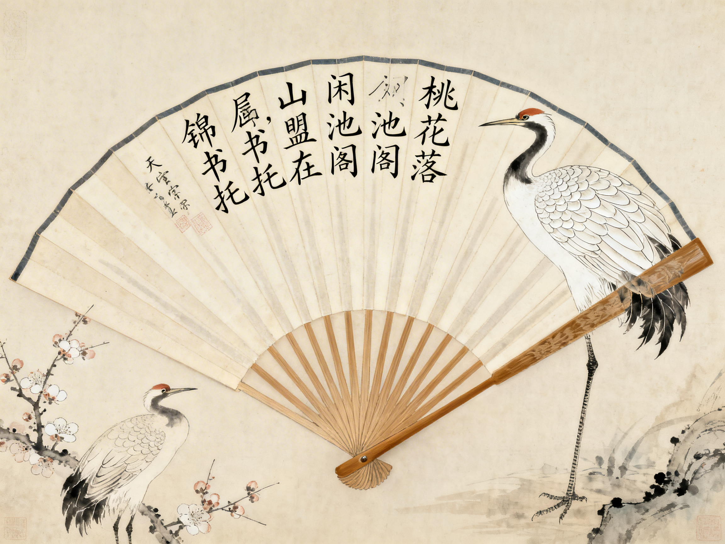 图中展示了一幅模仿中国传统水墨画风格的折扇艺术作品。画面背景为古朴的米黄色宣纸质感，中心是一把展开的折扇，扇面上方书写着黑色的繁体行书，左侧绘有一枝淡雅的白梅。两只丹顶鹤分别位于画面的左右两侧，右侧的鹤体型较大，单腿站立，左侧的鹤较小，栖息在梅枝旁。整体色调以黑、白、灰为主，辅以丹顶的红色和梅花的淡粉色，构图疏密有致。

然而，画面中存在明显的 AI 生成缺陷：首先是透视与层级逻辑极其混乱，右侧大鹤的身体竟然穿过了折扇的木质扇骨，仿佛扇骨刺穿了鸟身，且鹤的一只脚凭空消失，另一只腿部线条生硬。其次，扇面上的书法文字虽然形似汉字，但多处笔画诡异，出现了重复的“池阁”字样，且部分文字如“凤”字结构扭曲，缺乏真实的笔墨韵味。此外，扇骨在底部的汇聚处结构模糊，未能体现出真实的物理折叠逻辑。