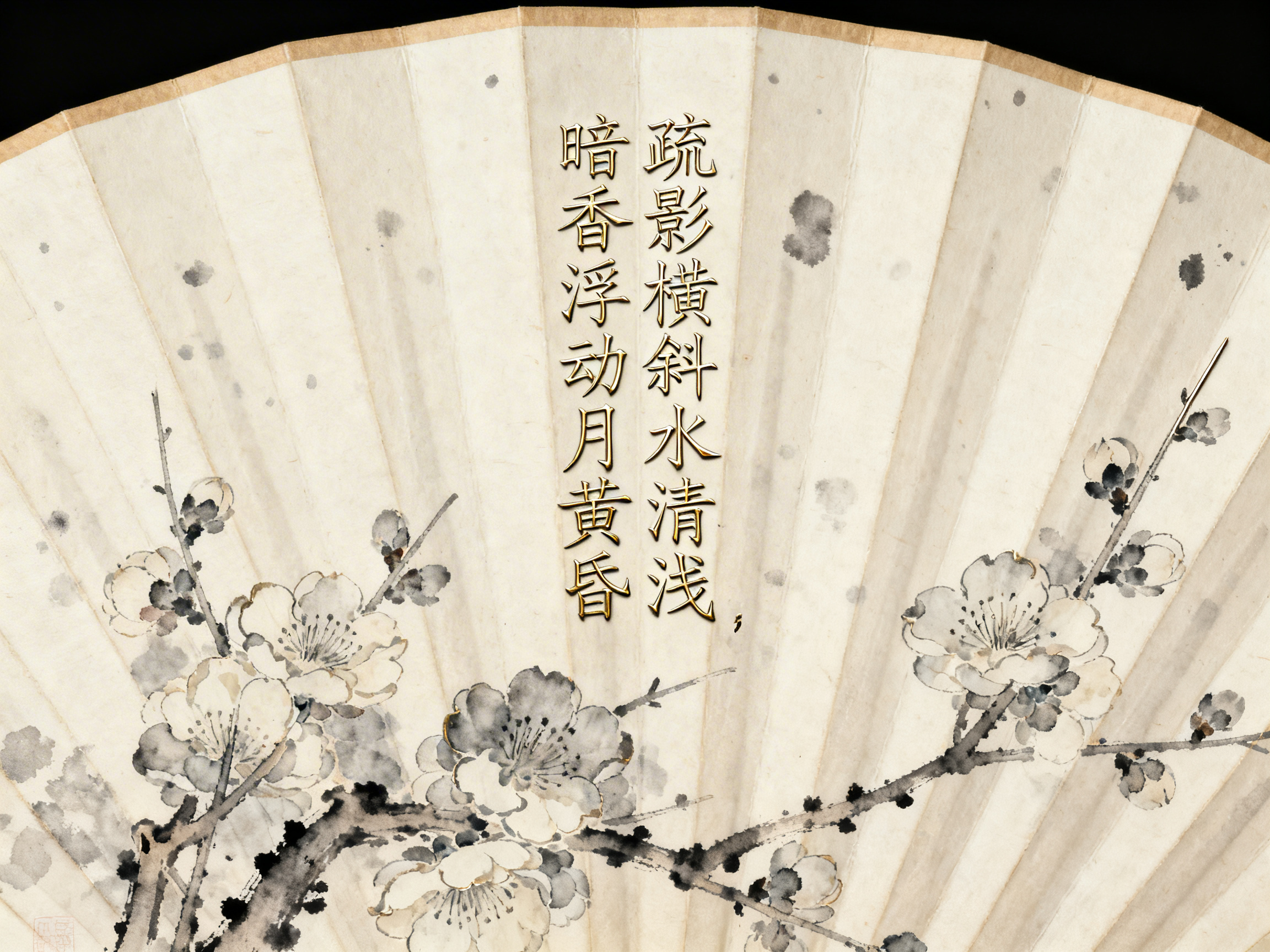 图中展示了一把展开的纸质折扇，扇面呈现古朴的米白色，带有零星的墨点装饰。画面中央偏下方绘有水墨风格的梅花，枝干苍劲，花瓣洁白并勾勒有细微的金边，展现出清雅的意境。扇面中央竖排排列着金色立体质感的汉字，内容为诗句「疏影横斜水清浅，暗香浮动月黄昏」。

在 AI 生成的细节方面，存在一些明显的逻辑缺陷：首先，文字的立体阴影效果与背景的水墨风格极不协调，且文字末尾出现了一个漂浮的、现代风格的立体逗号，显得十分突兀。其次，折扇的褶皱纹路与梅花枝干的透视关系处理不自然，部分枝条在折痕处发生了生硬的断裂或扭曲。此外，左下角的印章模糊不清，无法辨认，且扇面边缘的厚度表现不均，缺乏真实折扇的结构严谨感。