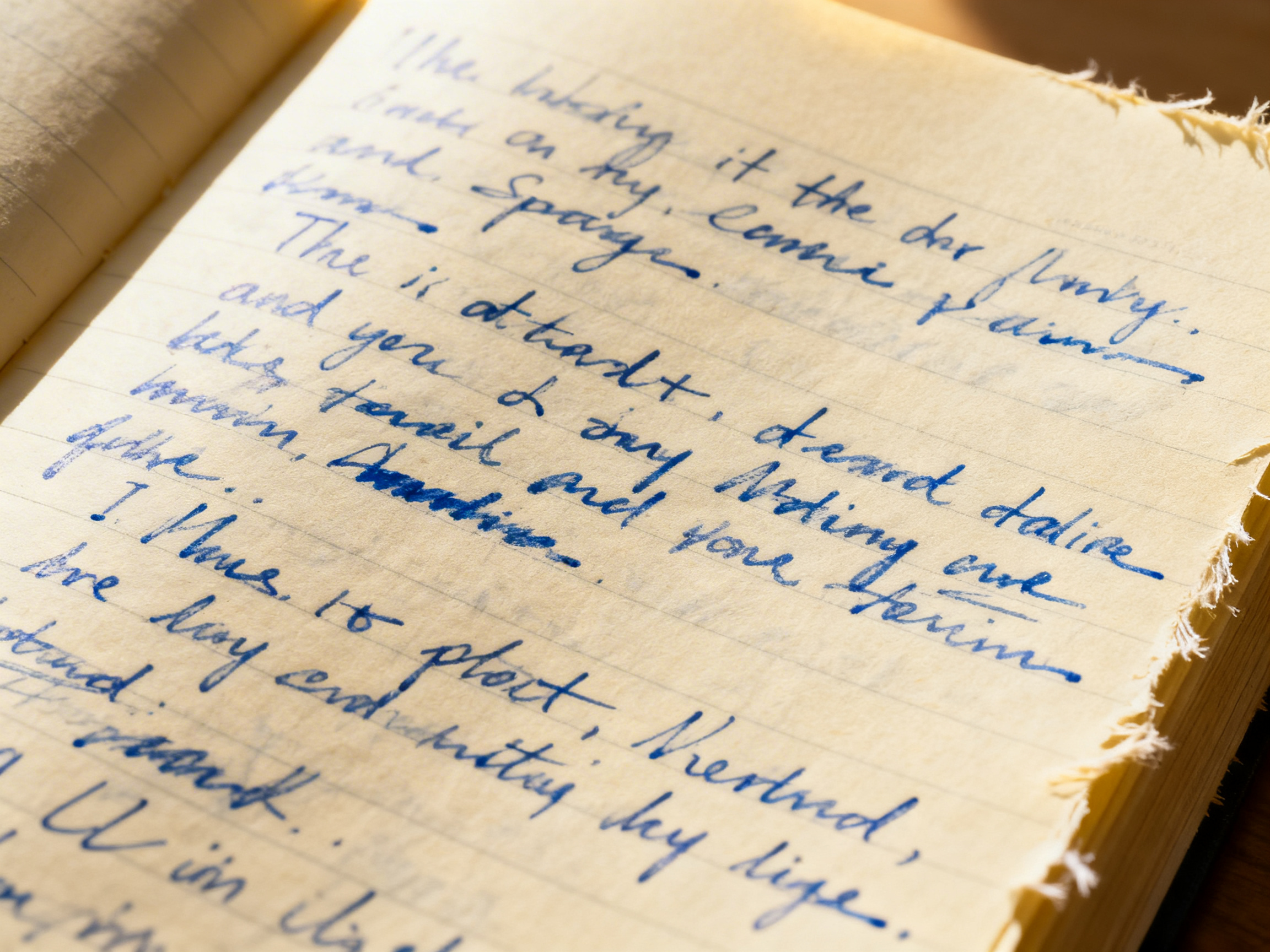 图中展现了一本打开的旧笔记本的特写镜头，纸张呈现出温暖的淡黄色，带有明显的横线纹理。笔记本的右侧边缘显得破旧且不规则，有细微的纤维撕裂感。页面上布满了用深蓝色墨水书写的草书文字，字体看起来像是手写的英文，笔触带有墨水渗透纸张的质感。光线从左上方照射过来，在纸面上形成了柔和的明暗过渡，营造出一种怀旧、静谧的氛围。

然而，画面中存在明显的 AI 生成缺陷：虽然文字在视觉上模仿了手写书法，但仔细观察会发现，这些字母并非真实的单词，而是由无意义的笔画和扭曲的符号组成的「伪文字」，无法进行实际阅读。此外，部分横线与文字的交汇处出现了不自然的重叠或断裂，纸张边缘的撕裂效果也显得过于规律且缺乏真实的物理厚度感。