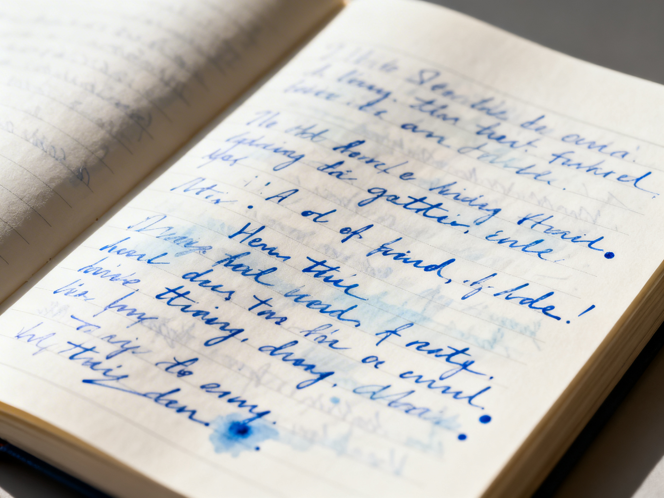 图中展示了一本打开的笔记本的近景特写。笔记本的纸张呈现出柔和的米白色，上面布满了用深蓝色钢笔墨水书写的文字。构图采用了斜向视角，光线从右上方照射进来，在纸面上形成了明亮的受光区和左侧淡淡的阴影，营造出一种静谧的阅读或写作氛围。

然而，画面中存在明显的 AI 生成缺陷。首先，纸上的文字虽然看起来像手写体，但实际上是一串无法辨认的乱码，字母结构扭曲且不符合任何真实的语言逻辑。其次，墨迹的透视感存在异常，部分字迹像是悬浮在纸面上，而非渗透进纤维中。在页面底部，有一处明显的蓝色墨水渍，其晕染效果显得有些生硬和不自然。此外，左侧页面的横线与右侧页面的衔接在视觉上不够连贯，背景的模糊处理也显得略微失真。