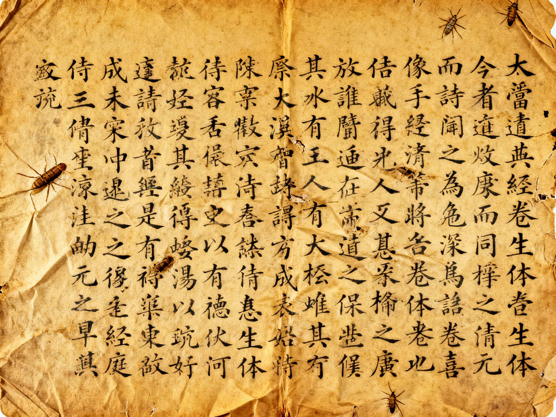 画面中呈现的是一张模仿古代中国书法手抄本的纸张。纸张整体呈现深浅不一的古旧黄色，质感粗糙且带有明显的折痕、污渍和边缘破损，营造出一种历经沧桑的文物感。纸上布满了从右至左、从上至下书写的黑色毛笔字，字体带有行楷风格，笔触有力。

然而，这张图片具有典型的 AI 生成缺陷：文字内容完全不通顺，虽然每个字看起来都像汉字，但仔细观察会发现大量“伪汉字”或结构错误的错别字，无法组成具有实际意义的句子。此外，文字的排列虽然力求整齐，但部分笔画出现了不自然的断裂或粘连，缺乏真实书法中墨迹渗透纸张的自然感。构图上，纸张正中央有一条垂直的折痕，将画面平分为左右两部分，但折痕处的文字衔接略显生硬，透视关系在纸张边缘的卷曲处也显得不够真实。