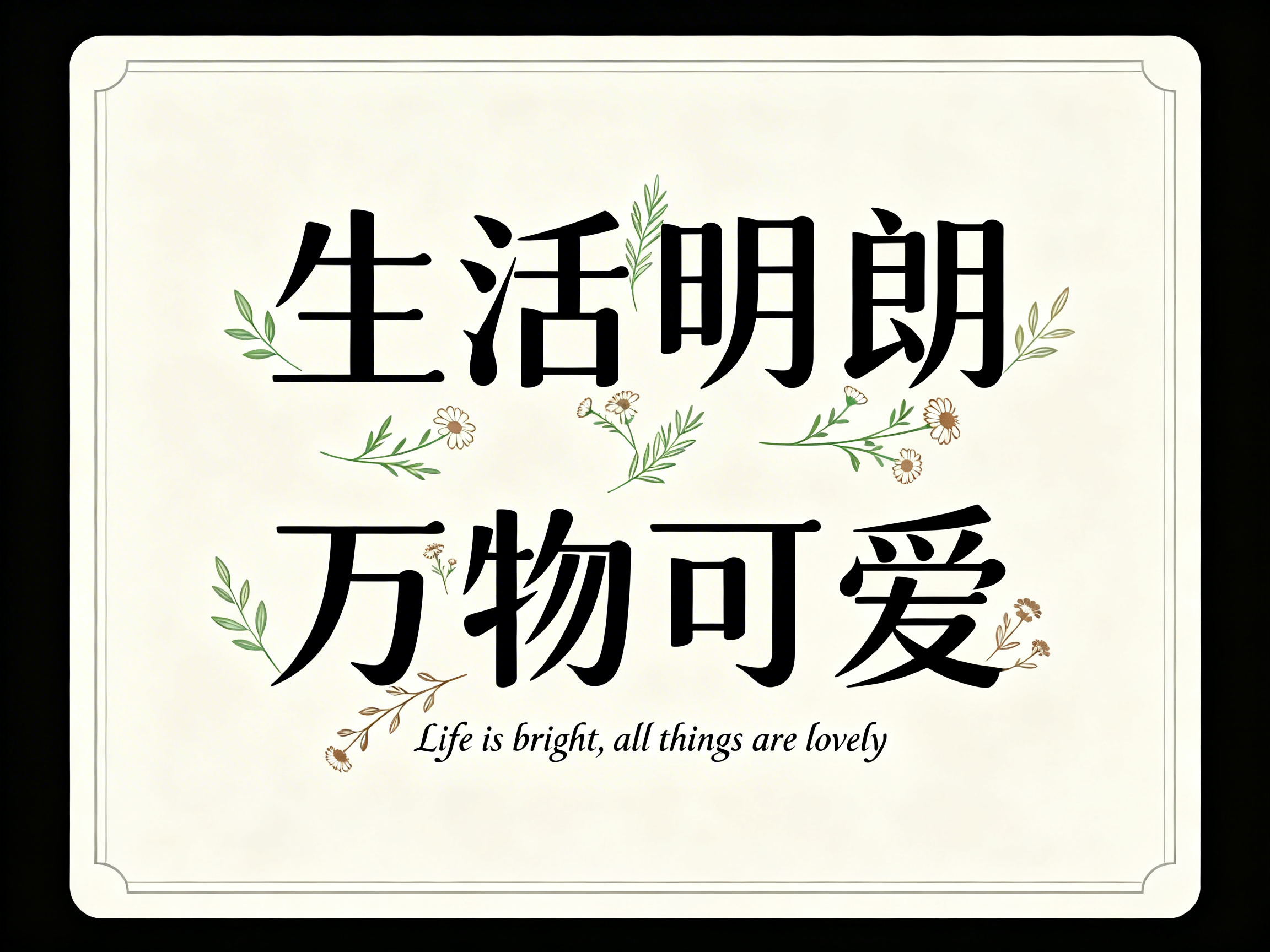 图中展示了一张米白色调的装饰性卡片，整体风格清新简约。画面中央是两行醒目的黑色手写体中文字符，上方为“生活明朗”，下方为“万物可爱”。在中文下方，还有一行较小的英文斜体字“Life is bright, all things are lovely”，与中文含义相呼应。文字周围点缀着淡雅的小雏菊插画和绿色的枝叶，构图平衡且具有艺术感。卡片四周有一圈纤细的边框线条，四个角带有圆润的弧度装饰。

在 AI 生成的细节方面，可以观察到一些明显的瑕疵：部分花卉的线条与中文字符的笔画产生了不自然的重叠，例如“活”字和“朗”字边缘的叶片像是直接穿透了字体；此外，背景中的植物分布略显杂乱，部分花瓣和叶片的形状不够完整，存在断裂或模糊的现象。尽管如此，整体文字内容清晰易读，传达出一种积极向上的情感。