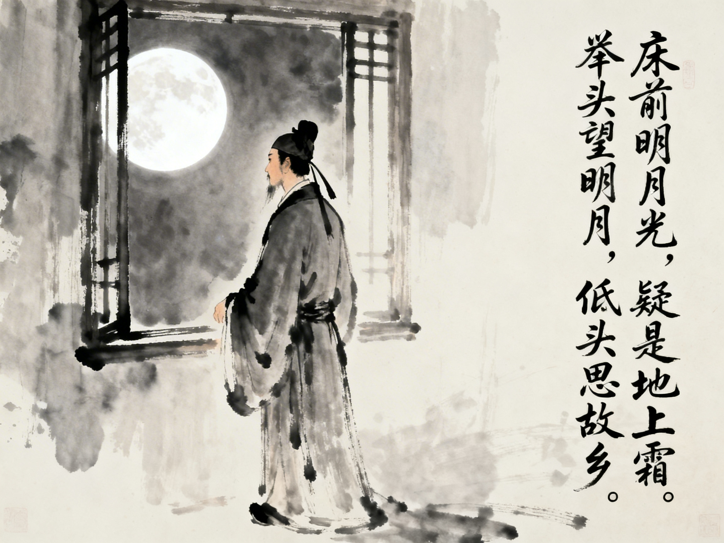 图中展现了一幅具有中国传统水墨画风格的场景，描绘了诗人李白创作《静夜思》的意境。画面左侧，一位身着深灰色宽大长袍、头戴黑色发冠的古代男子正背对着我们，凭窗远眺。窗外是一轮硕大且明亮的圆月，悬挂在浓淡相间的墨色夜空中。画面右侧配有黑色的行书书法，写着著名的诗句。整体色调以黑、白、灰为主，笔触带有明显的水墨晕染感。

在 AI 生成的细节方面，存在一些逻辑和结构上的缺陷。首先，窗户的木质框架结构模糊且不规则，左侧窗框与墙壁的连接处显得生硬且透视错乱。其次，人物的右手部分处理得不够自然，手指轮廓模糊，仿佛与衣袖融为一体。此外，右侧的书法文字虽然清晰可辨，但部分笔画的连贯性略显生涩，缺乏真实毛笔书写的力度变化。尽管如此，画面依然成功营造出了一种宁静而深远的思乡氛围。