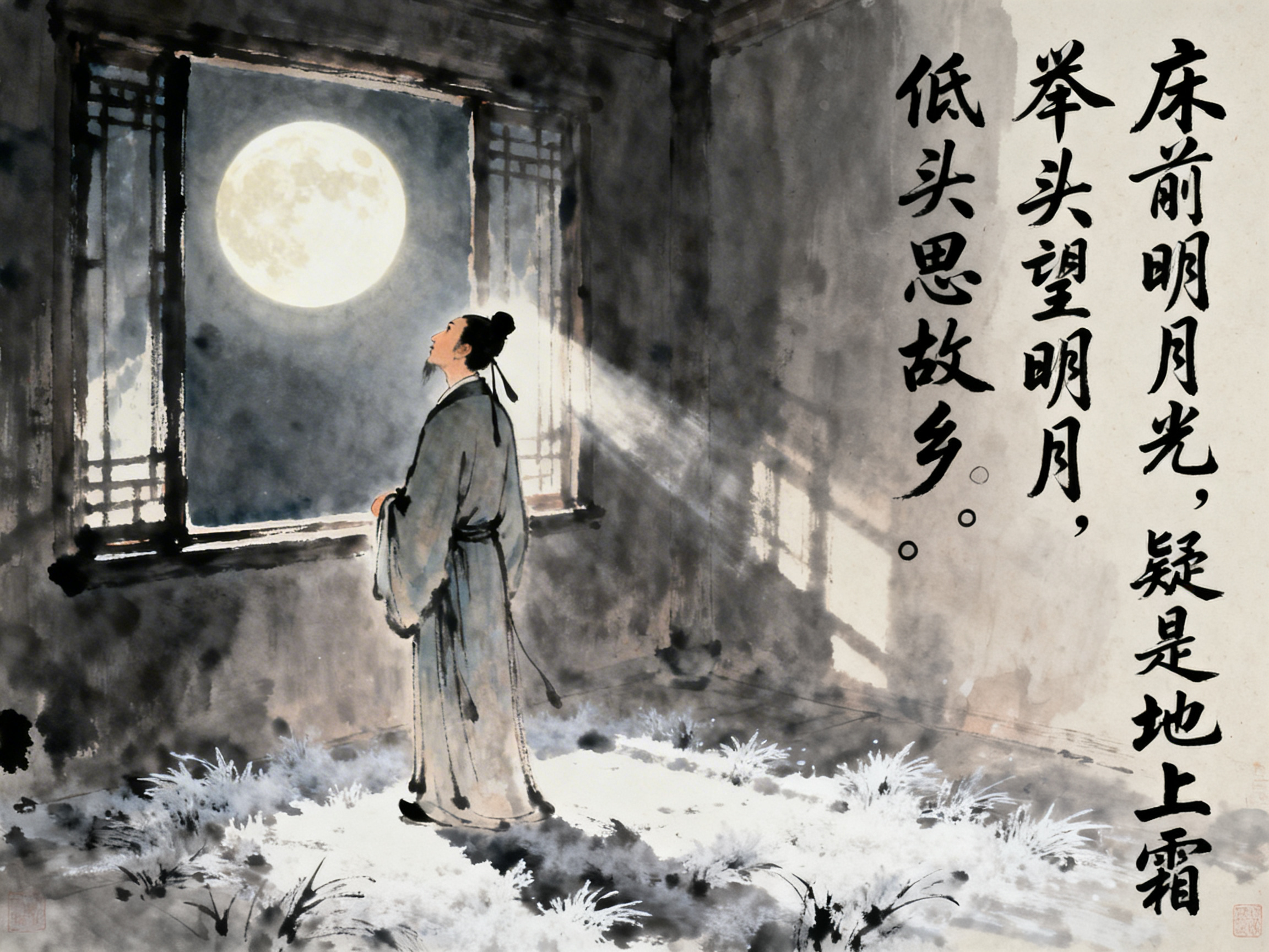 画面中是一幅模仿中国传统水墨画风格的艺术作品，描绘了李白《静夜思》的诗意场景。画面左侧，一位身着青灰色长袍、头挽发髻的古代诗人正伫立在窗前，抬头仰望着夜空中一轮硕大圆润的明月。月光如白霜般洒落在室内地面上，与诗句“疑是地上霜”相呼应。画面右侧用黑色书法字体书写了完整的诗句。色调以黑、白、灰为主，局部带有淡淡的青色，笔触具有水墨晕染的质感。

在 AI 生成的细节方面，存在一些明显的逻辑与透视缺陷：首先，诗人的手部完全隐藏在袖中，且袖口的褶皱结构显得有些生硬不自然；其次，窗户的木质格栅线条歪斜，左右不对称，缺乏真实的建筑结构感；最明显的是，月光从窗外射入形成的阴影方向与光源位置不符，且地面上的白色“霜”看起来更像是杂乱的白色草丛或羽毛，而非自然的月光投影。此外，右侧的书法文字虽然字形工整，但部分笔画的连接处显得过于机械。