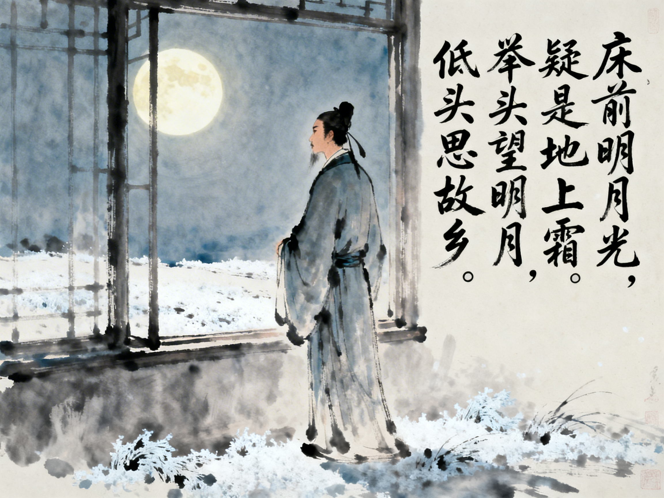图中展现了一幅模仿中国传统水墨画风格的场景，意在表达李白《静夜思》的意境。画面左侧是一个巨大的木质窗框，窗外悬挂着一轮圆润明亮的黄色满月，映照着下方白雪皑皑或霜华满地的远景。一名身着青灰色古装长袍、头挽发髻的诗人背对观众站立，正凭窗远眺。画面右侧配有黑色的行书书法，书写着《静夜思》的诗句。整体色调以冷峻的蓝灰色和留白为主，营造出一种清冷、孤独的思乡氛围。

在 AI 生成的细节方面，存在明显的逻辑和结构缺陷：首先，窗框的线条显得杂乱且不连贯，左侧的木栅栏结构模糊，缺乏真实的透视感。其次，诗人的手部隐藏在宽大的袖口中，但袖子的褶皱处理显得生硬且不自然。最显著的问题在于书法文字，虽然字迹模仿了毛笔质感，但部分笔画结构扭曲，且文字的排列与画面的空间关系略显生硬，像是直接贴在背景上的图层，缺乏与宣纸纹理的深度融合。