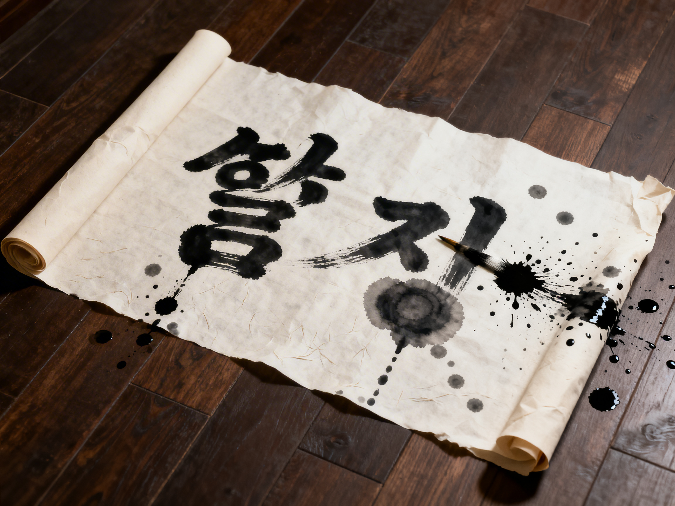 图中展示了一幅铺在深褐色木地板上的书法长卷。画卷呈现米白色，质感略显褶皱，左右两端自然卷起。卷轴上用浓墨书写着两个巨大的汉字，笔触粗犷，带有明显的飞白效果。画面右侧有一支毛笔斜插在纸面上，笔尖处有一团巨大的放射状墨渍，周围散布着许多细小的墨点，甚至溅落到了地板上。整体色调沉稳，光线从左上方照射，形成了柔和的阴影。

在 AI 生成的细节方面，存在明显的逻辑缺陷：首先，画面中的汉字并非真实的文字，而是由类似汉字笔画组成的无意义符号，结构扭曲。其次，右侧的毛笔只有笔尖部分，缺失了笔杆，看起来像是凭空悬浮或直接粘在纸上的黑色尖状物。此外，墨水的喷溅形态过于机械对称，且部分墨点在纸张边缘的透视关系显得不够自然，缺乏真实液体的流动感。