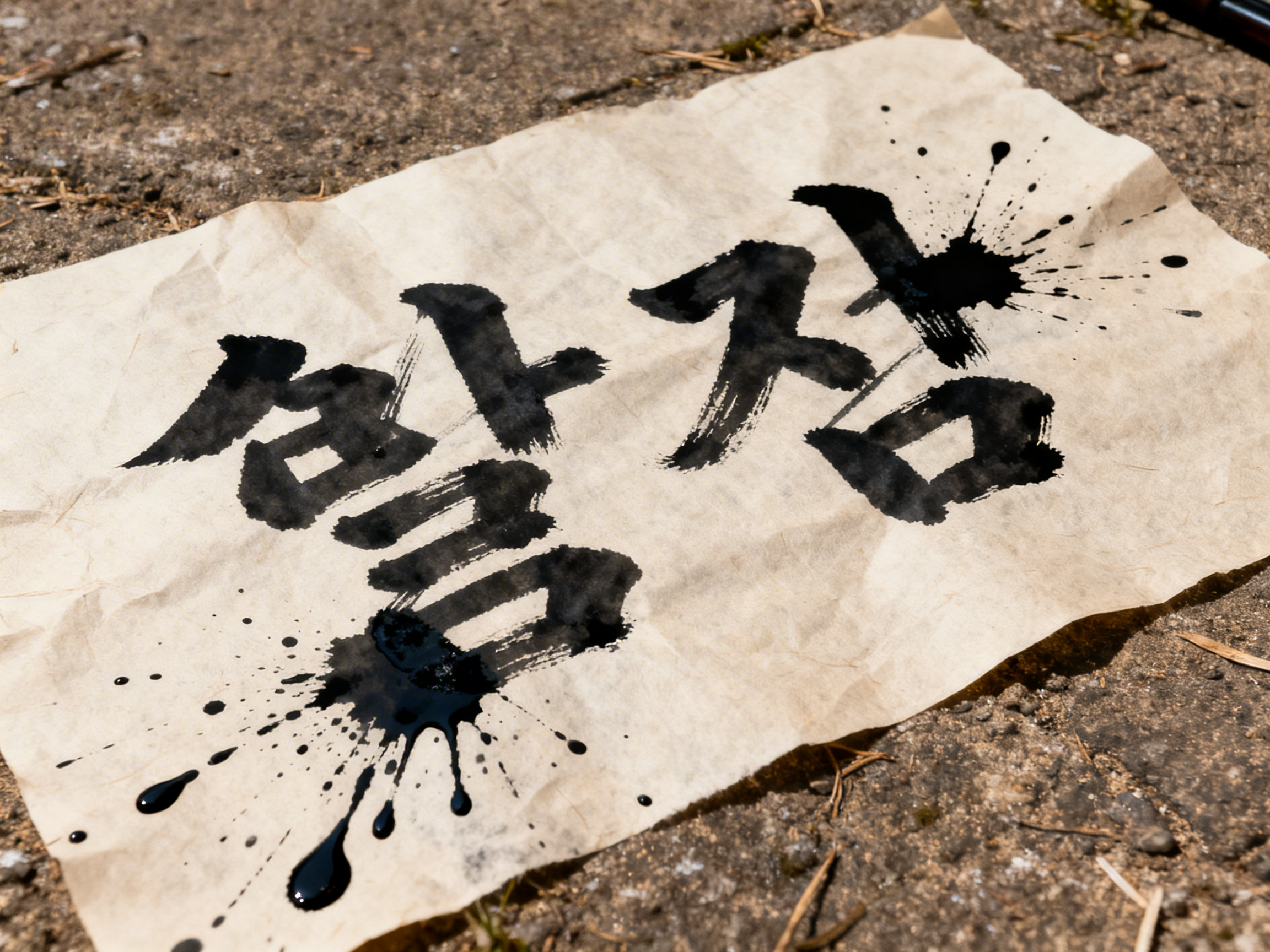 图中展示了一张略显褶皱、呈淡黄褐色的复古纸张，平铺在粗糙的灰褐色土地上。纸张中心有四个巨大的黑色毛笔字，笔触粗犷，带有明显的书法飞白效果。画面构图采用斜向视角，纸张左下角和右上角各有一处浓重的黑色墨水溅痕，墨滴向四周放射状扩散，呈现出一种随性的艺术感。背景的地面纹理清晰，散落着细小的碎石和干枯的草屑。

作为一张 AI 生成的图片，其明显的缺陷在于文字内容。画面中的字符看起来像是汉字、韩文或某种象形文字的随机组合，但实际上并不属于任何真实的语言系统，结构逻辑混乱，无法识别其具体含义。此外，纸张左下角的墨水溅痕在透视上略显生硬，部分墨滴的阴影与纸张褶皱的起伏关系不够自然，呈现出一种悬浮感。