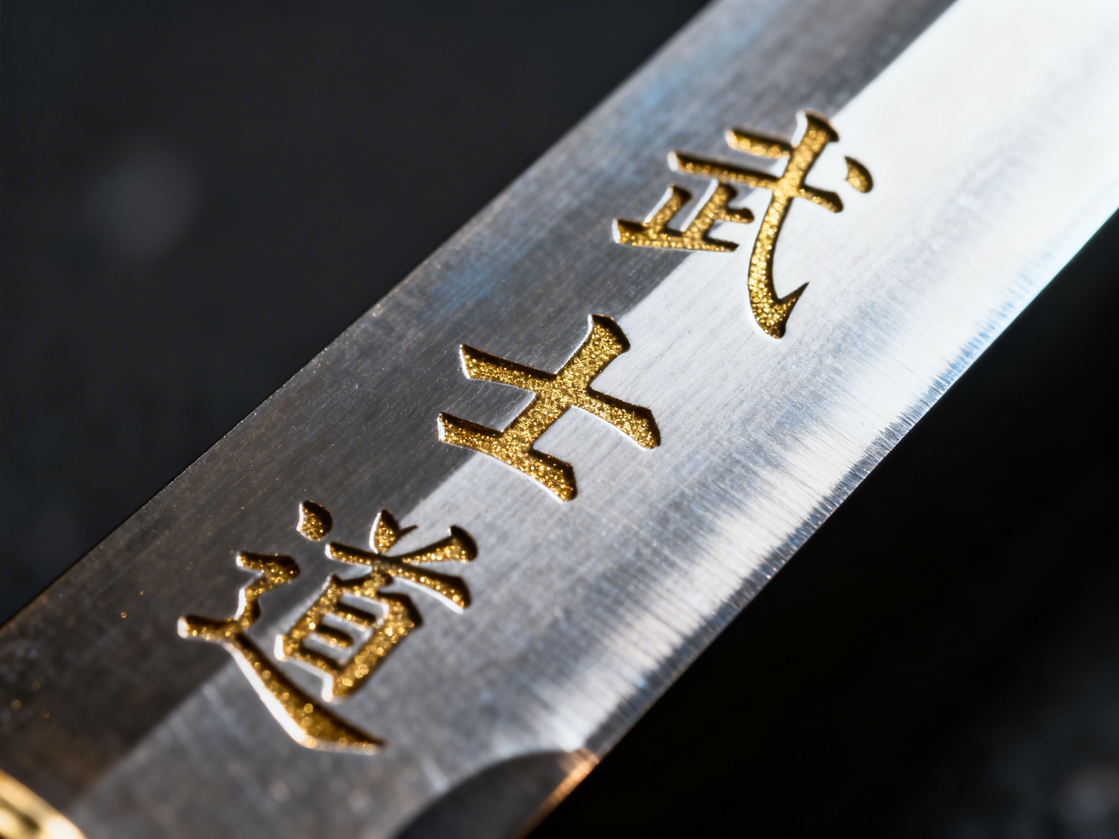 图中展示了一把金属刀剑的局部特写，焦点集中在刀身侧面的金色刻字上。刀身呈现出银灰色的拉丝金属质感，斜向贯穿画面，背景则是深沉的黑色，形成了鲜明的明暗对比。刀身上的三个汉字采用了凹陷雕刻工艺，并填充了带有细微颗粒感的金粉，在光线下闪烁着金属光泽。画面构图采用了大光圈虚化效果，使得最上方的文字略显模糊，增强了视觉的深度感。然而，作为一张 AI 生成的图片，画面中的文字存在明显的逻辑错误：这三个字并非标准的汉字，而是由类似“武”、“士”、“道”等字符的偏旁部首随机组合而成的臆造字符，结构扭曲且无法辨认。此外，刀刃边缘的线条在虚化处显得有些生硬，缺乏真实金属打磨的自然过渡。