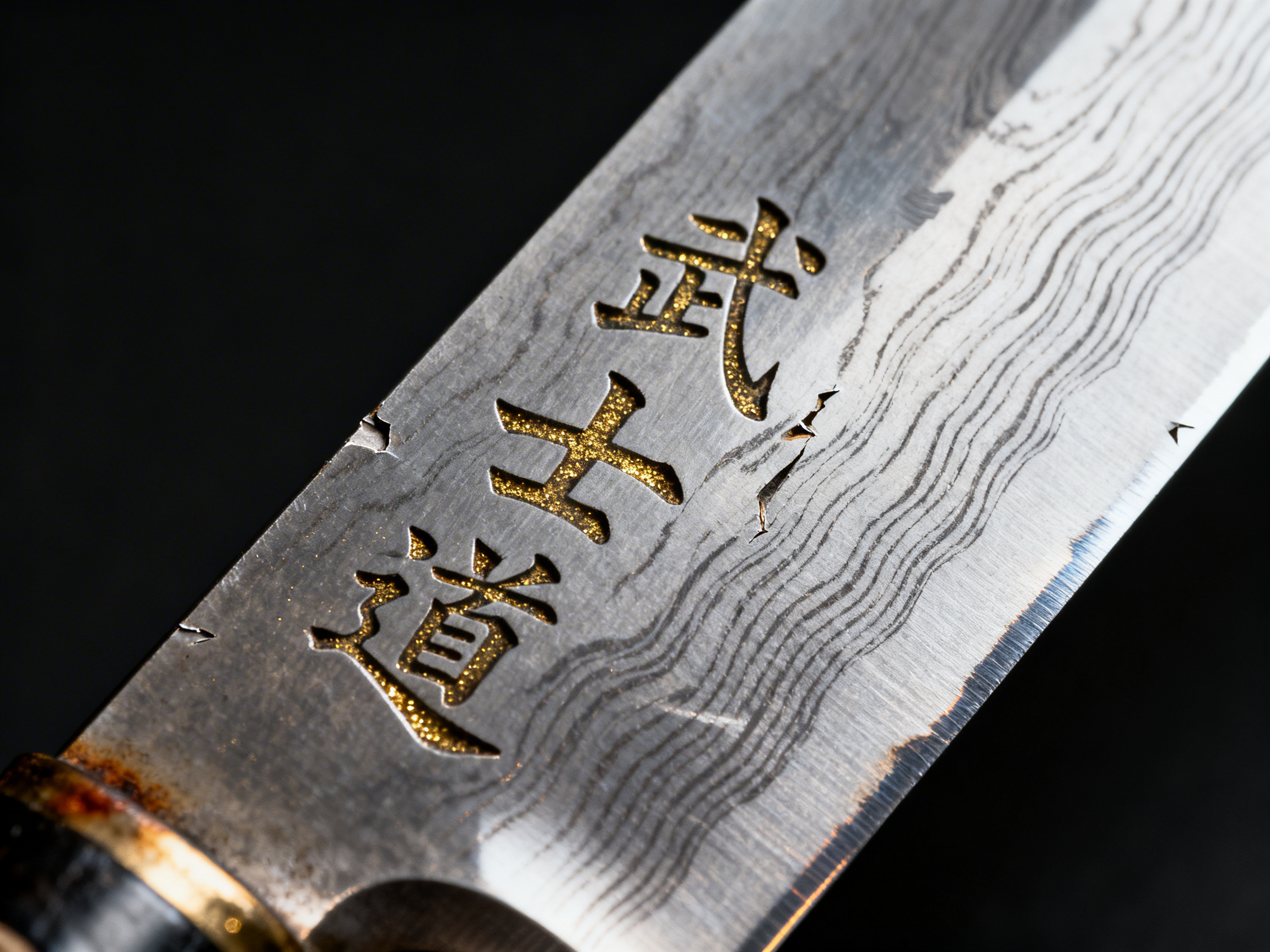 画面中特写了一把具有大马士革钢纹理的金属刀刃，背景为纯黑色，构图呈斜对角分布。刀面上刻有三个金色的汉字，从左下至右上排列，字迹带有凹陷的立体感和细微的金色颗粒质感。刀身表面布满了如水波纹般的深浅交替线条，展现出一种冷峻的金属工艺美感。在刀刃的边缘和字体周围，可以看到一些细小的金属剥落或裂纹效果，增加了古旧感。

然而，这张图片存在明显的 AI 生成缺陷：首先是文字逻辑错误，刀面上的汉字结构扭曲，虽然看起来像“武士道”，但笔画破碎且不符合正确的书写规范，属于典型的 AI 伪造文字；其次，刀背边缘出现了不自然的锯齿状破损和悬浮的碎片，不符合物理真实的磨损规律；此外，大马士革纹路在靠近字体的部分出现了逻辑断层，纹理的走向与金属表面的物理结构衔接得不够自然。