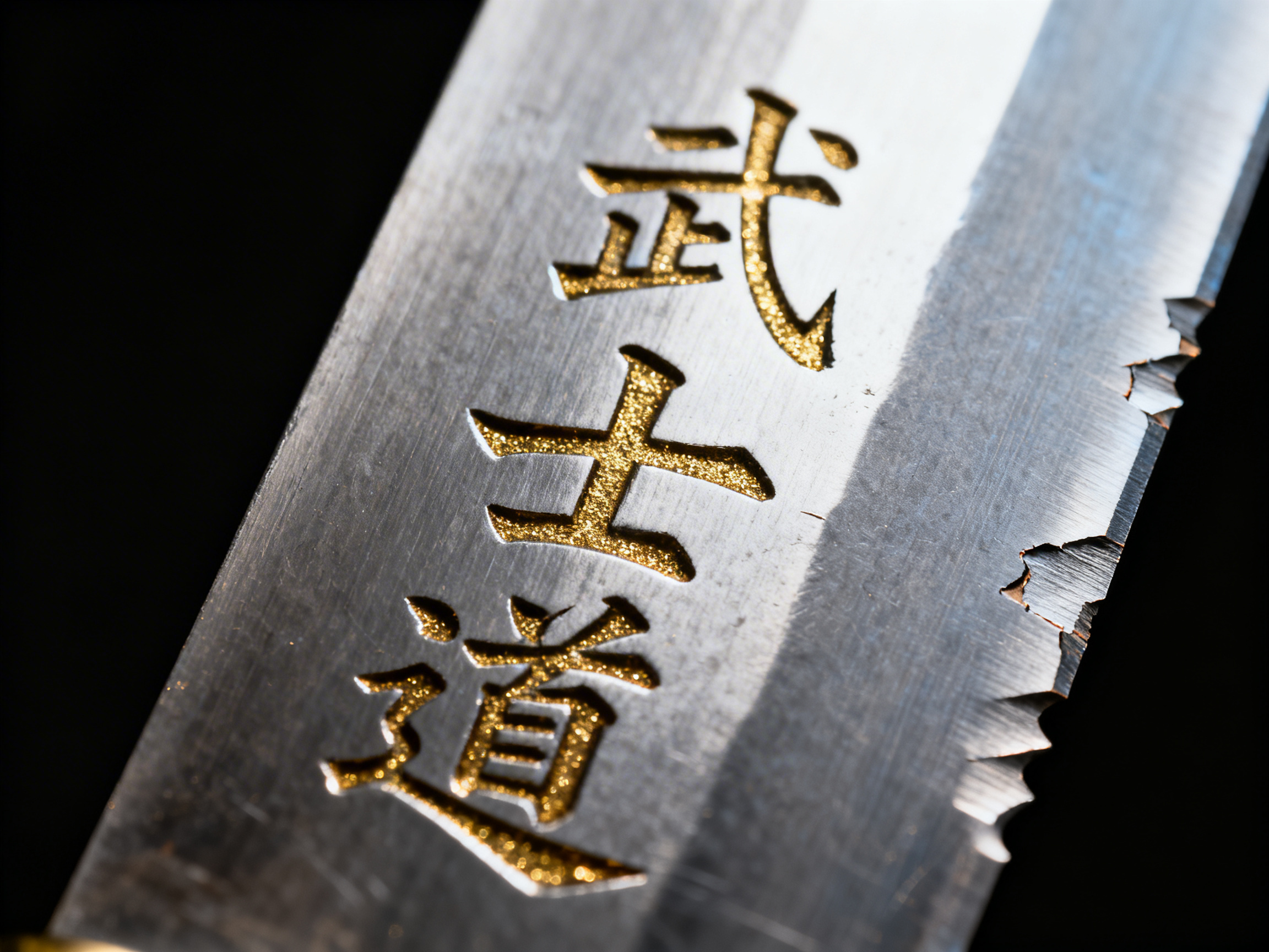 画面中展示了一把金属刀剑的局部特写。刀身呈银灰色，表面带有细腻的拉丝质感，背景为纯黑色，形成了鲜明的明暗对比。刀面上竖向刻有“武士道”三个汉字，字体呈现出凹陷的雕刻效果，内部填充了闪烁的金色颗粒，在光线下显得华丽且富有立体感。构图上，刀身从左下向右上延伸，采用了微距视角。

在 AI 生成的细节方面，存在明显的逻辑缺陷：刀刃的右侧边缘出现了极不规则的破损和锯齿状缺口，这些缺口看起来像是金属碎裂或被腐蚀的效果，但分布位置和形状并不符合真实刀剑受损的物理规律。此外，“武士道”三个字的笔画细节略显生硬，尤其是“道”字的下半部分结构与传统书法相比略有变形，刀面上的反光分布也存在一定的透视不一致感。