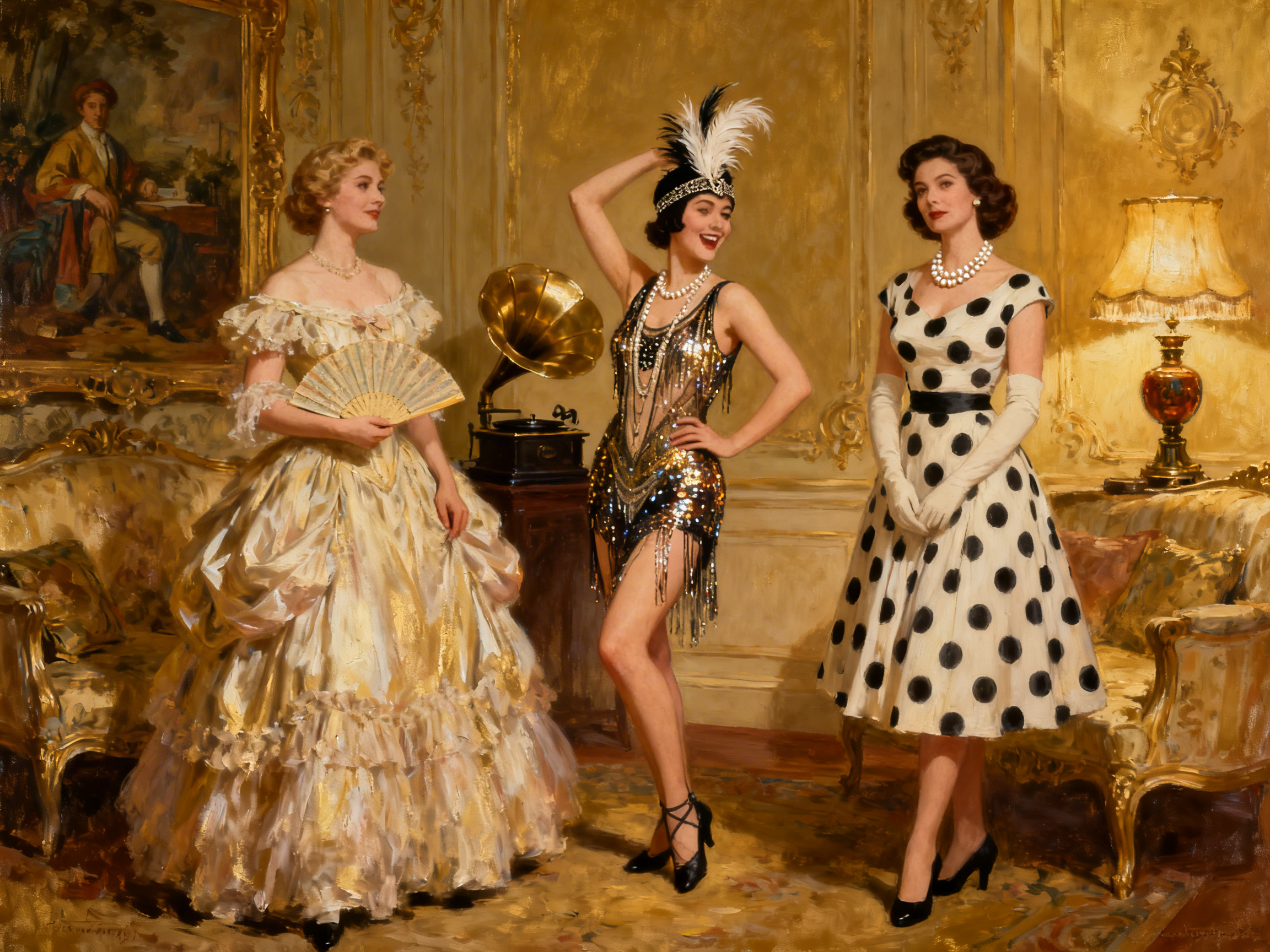 图中展示了一幅具有古典油画质感的室内场景，三位穿着不同时代风格服饰的女性并排站立在金碧辉煌的房间内。左侧女性身着19世纪风格的淡黄色繁复大摆长裙，手持折扇；中间女性穿着20世纪20年代的亮片流苏短裙，头戴羽毛发带，姿态欢快；右侧女性则穿着50年代风格的黑白波点连衣裙，戴着白色长手套。背景装饰华丽，有金色的墙壁、留声机、古典油画和一盏亮着的台灯，整体色调温暖且富有年代感。

画面中存在明显的 AI 生成缺陷：中间女性举起的手臂与头部的连接处透视不自然，且其右手手指模糊、结构混乱；左侧女性手持的折扇纹理与手指交织不清；右侧女性的左手手套部分线条生硬，且其双脚站立的阴影与地面透视略显脱节。此外，背景留声机的喇叭形状略有扭曲，墙上挂画中的人物面部细节也较为模糊。