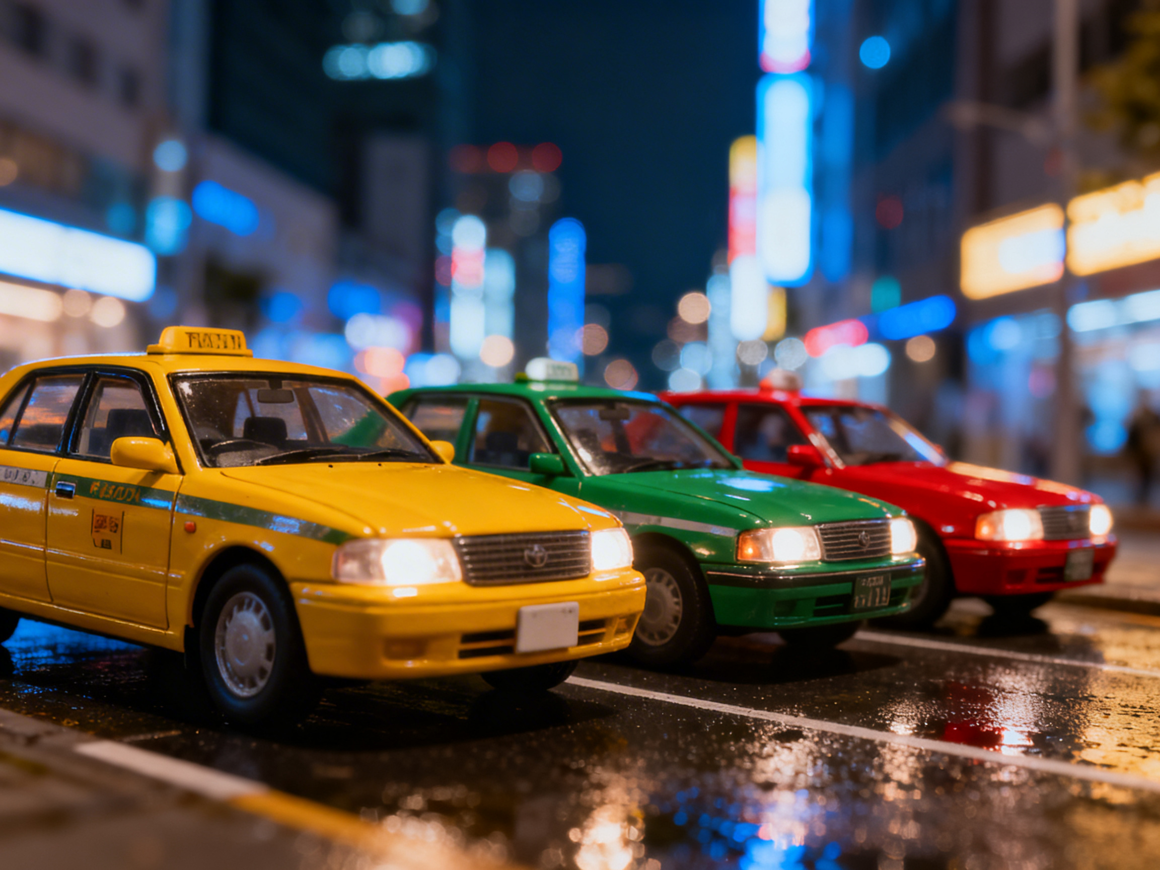 画面中展示了三辆色彩鲜艳的出租车并排停在夜晚的城市街道上，从左至右分别是黄色、绿色和红色。场景采用了微缩模型摄影风格，背景是模糊的都市霓虹灯光，营造出一种繁华而湿润的雨后夜景氛围。地面呈现出潮湿的质感，倒映着车灯和环境光。最左侧的黄色出租车细节最清晰，车顶带有写着模糊文字的灯箱，车头大灯亮起，散发出温暖的白光。

然而，画面中存在明显的 AI 生成缺陷：首先，车辆的比例和透视显得有些失真，看起来更像是玩具模型而非真实车辆；其次，黄色出租车顶部的灯箱文字扭曲且无法辨认，车门上的标识也只是杂乱的色块；绿色和红色出租车的轮廓在衔接处显得有些生硬。此外，地面上的白色交通标线分布不自然，且背景中的建筑灯光呈现出过于规则的圆形光斑，缺乏真实城市的层次感。