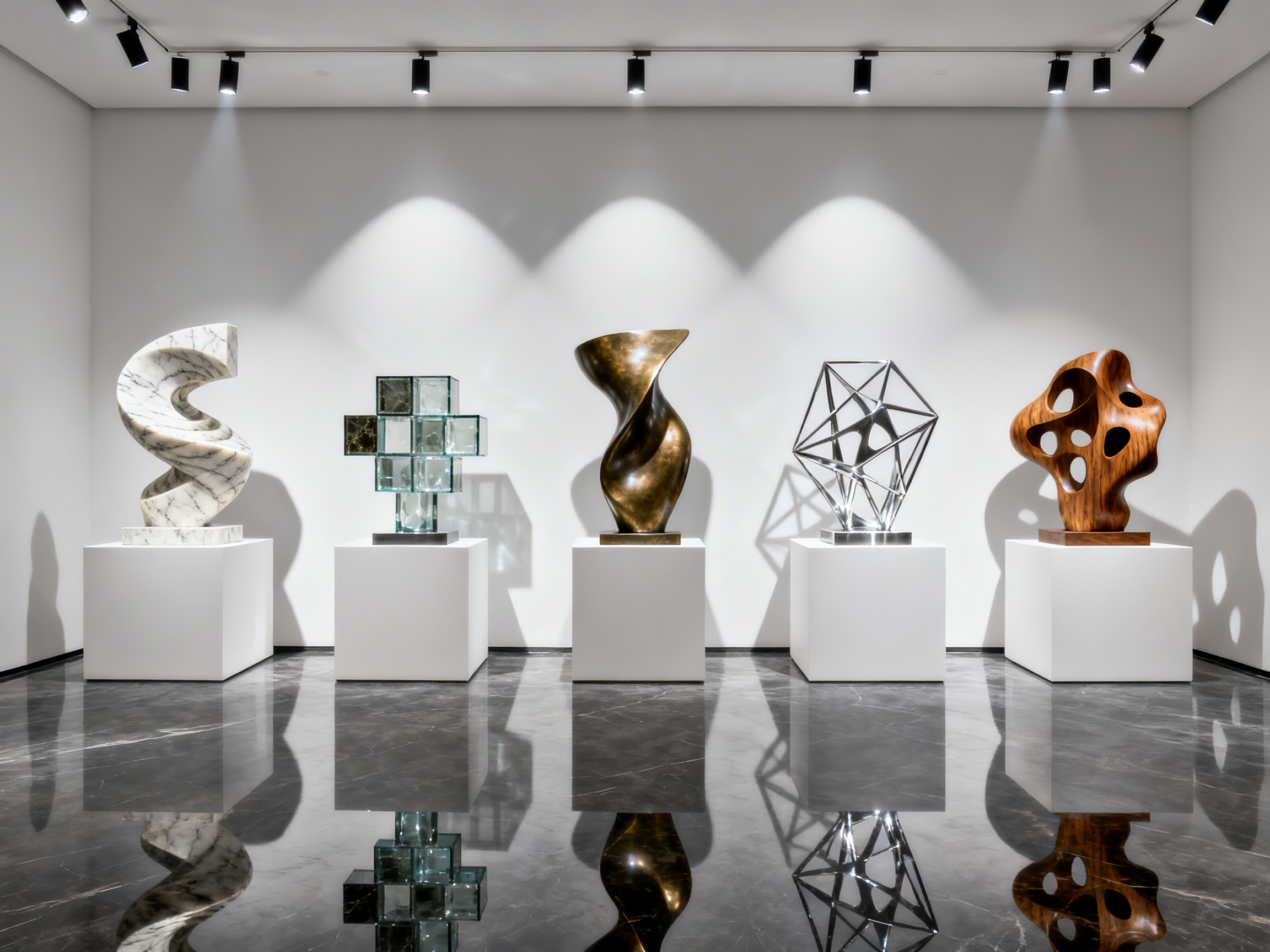图中展示了一个极简主义风格的现代艺术画廊空间。在纯白色的背景墙前，五个白色方形展台整齐排列，每个展台上都陈列着一件材质与形态各异的抽象雕塑。从左至右分别是：螺旋状的大理石雕塑、十字交叉的玻璃方块、扭曲的青铜色金属体、几何线条构成的银色框架，以及带有孔洞的木质雕塑。天花板上的轨道射灯投射出清晰的光束，在墙面和深色大理石地面上形成了鲜明的阴影与倒影。

画面中存在明显的 AI 生成缺陷：首先，光影逻辑不一致，墙上的射灯光晕数量与天花板上的灯具位置无法完全对应；其次，最左侧大理石雕塑的影子呈现出断裂感，且右侧木质雕塑在墙上的投影形状与其本体轮廓不符；最后，地面倒影中的细节与实物存在偏差，部分线条显得模糊或扭曲，暴露出数字合成的痕迹。