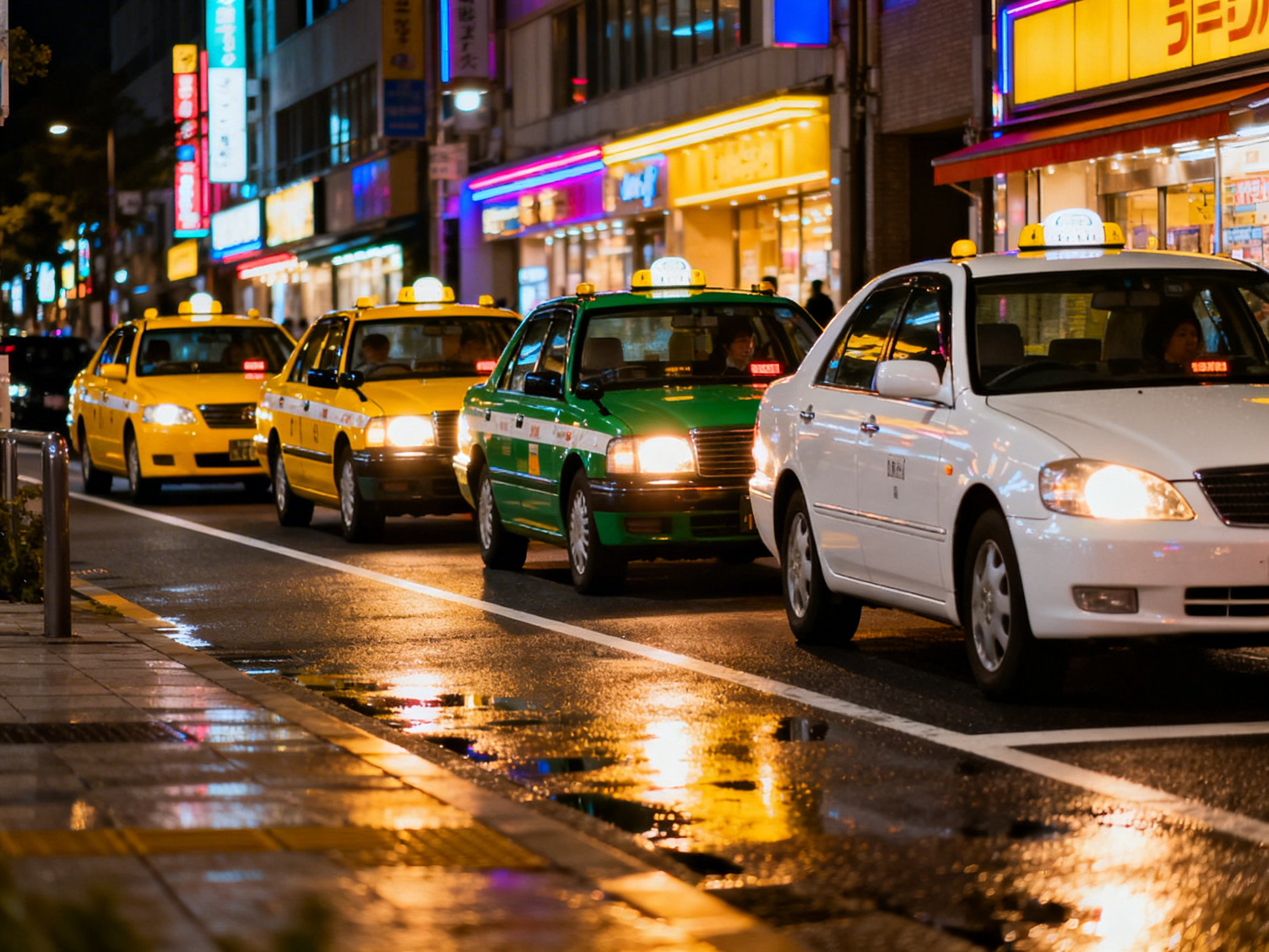 图中展现了一个繁华都市的夜晚街景，几辆不同颜色的出租车正在湿漉漉的马路上排队行驶。画面构图由右前方向左后方延伸，最前方是一辆白色出租车，紧随其后的是一辆绿白相间的出租车，最后方则是两辆亮黄色的出租车。背景是灯火通明的街道，路边林立着带有霓虹灯招牌的商店，五颜六色的灯光倒映在雨后积水的路面上，营造出一种流光溢彩的都市氛围。

画面中存在一些明显的 AI 生成缺陷：首先，车辆的细节处理不合逻辑，例如最前方白色出租车的车头灯形状略显扭曲，且车顶的打车灯位置偏移。其次，背景商店招牌上的文字模糊不清，呈现为无法辨认的乱码符号。最明显的异常在于透视和空间关系，左侧第二辆黄色出租车的前轮似乎与地面衔接不自然，且车辆之间的间距在视觉深度上显得有些局促和重叠。此外，路面上的倒影虽然绚丽，但与上方建筑灯光的对应关系并不完全准确。