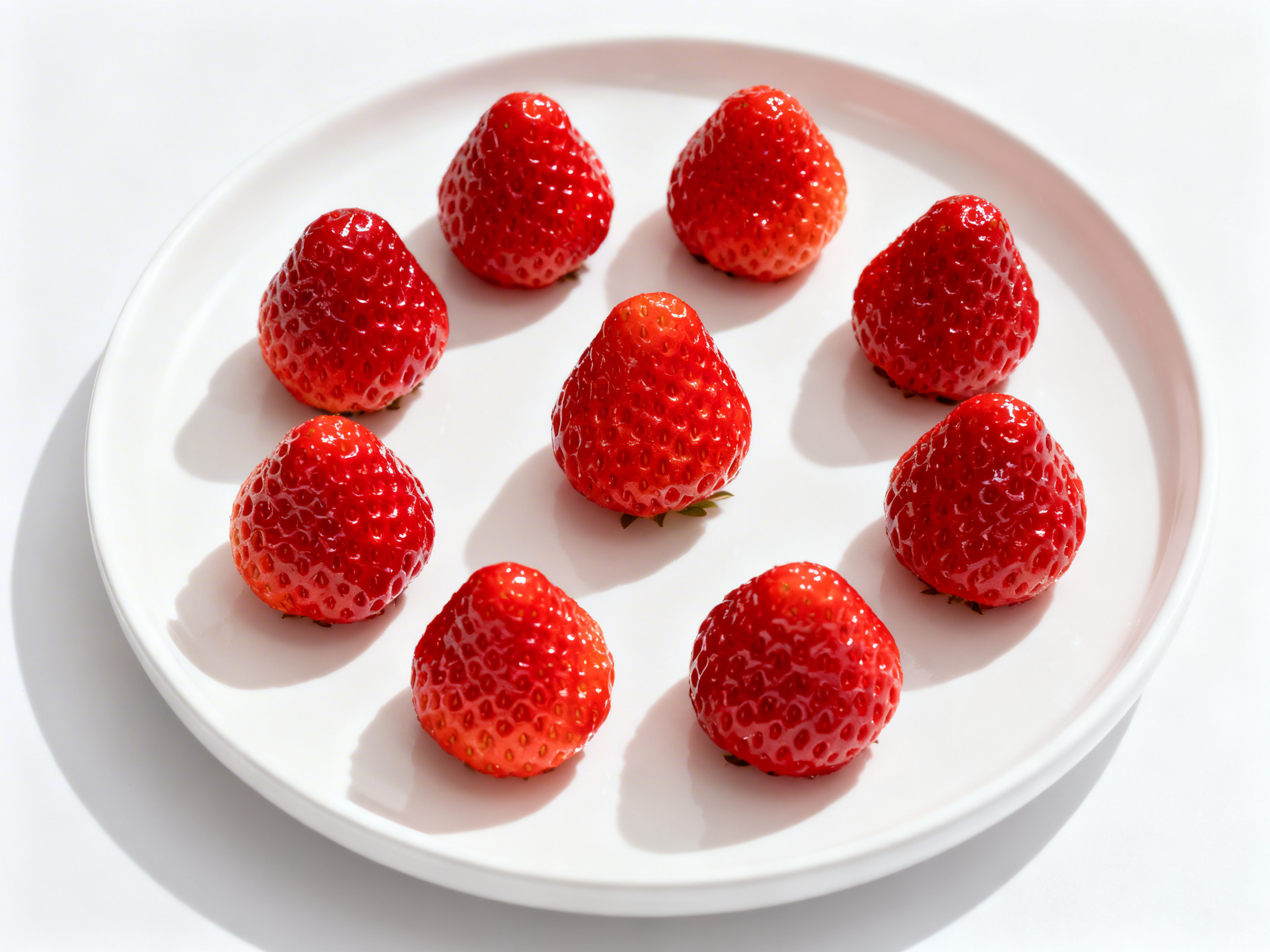 图中展示了一个纯白色的圆形瓷盘，平放在白色背景上。盘中整齐地摆放着 9 颗鲜红色的草莓，其中 8 颗围绕边缘排成一圈，第 9 颗位于圆心位置。草莓色泽红润饱满，表面带有细小的籽痕和自然的光泽感，光线从左上方照射，在盘面上留下了清晰的深色投影。整体构图简约对称，色彩对比鲜明，给人一种清新干净的感觉。在 AI 生成的细节方面，存在明显的逻辑缺陷：大多数草莓的底部（本应长有绿色叶片的部分）直接贴在盘子上，但画面中完全缺失了绿色的蒂头和叶片，使得草莓看起来像是悬浮或被平整切断后倒扣在盘中；此外，部分草莓的投影形状与其实际轮廓不完全匹配，且盘子边缘的厚度在不同角度略显不均。
