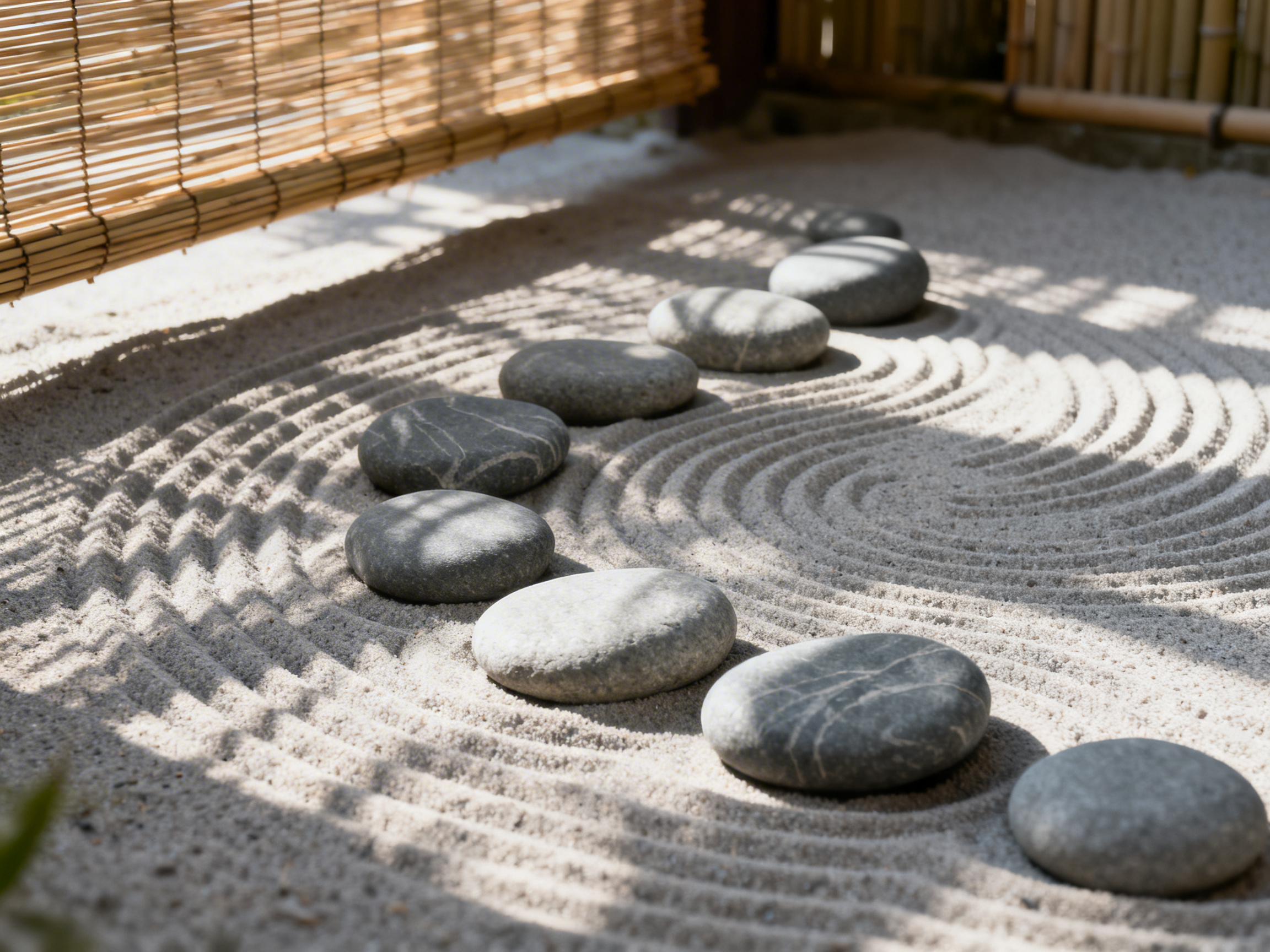 图中展现了一个充满禅意的日式枯山水庭院局部。画面主体是铺满细密白砂的地面，砂石被耙制成一圈圈整齐的同心圆波纹，象征着水面的涟漪。九块扁平、圆润的灰色鹅卵石呈弧形排列在波纹之上，仿佛漂浮在水中的岛屿。左上方垂下一角棕黄色的竹帘，阳光透过竹帘的缝隙，在白砂和石块上投射下斑驳、平行的条状阴影，营造出宁静深远的氛围。背景隐约可见深色的木质结构和竹篱笆。在 AI 生成的细节方面，画面整体透视较为自然，但在光影逻辑上存在细微瑕疵：竹帘投射的阴影在经过凹凸不平的砂石波纹时，线条过于笔直，未能完全随地形起伏而产生自然的扭曲；此外，远处的几块石头与砂石接触的边缘略显生硬，缺乏真实的重力下沉感。