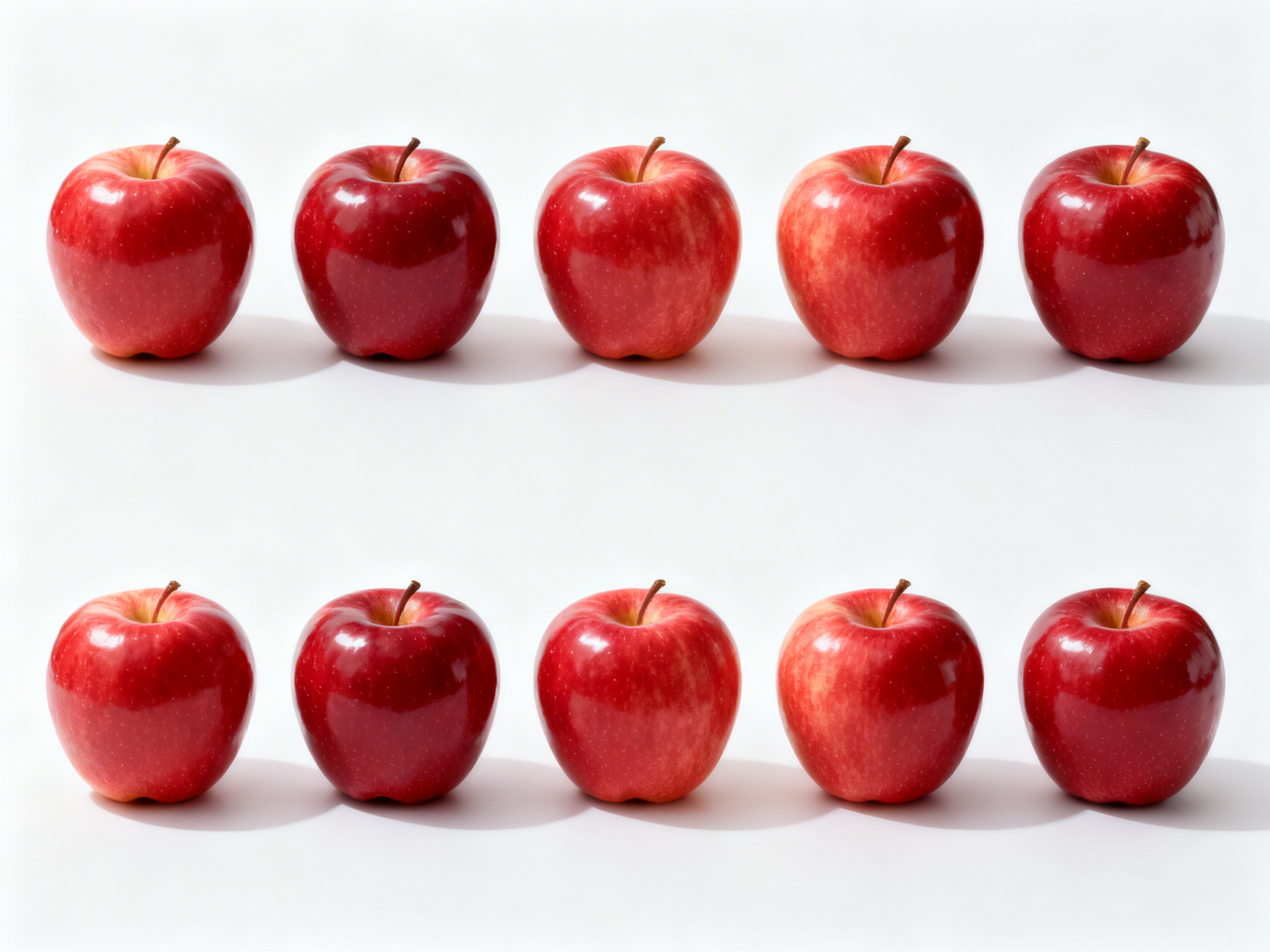 图中展示了在纯白色背景上整齐排列的两行红苹果，每行各有五个。这些苹果色泽鲜艳，呈现出深浅不一的红色，表面带有自然的光泽感和细微的黄色斑点，顶端都带有短小的深褐色果柄。光线从左上方照射，使每个苹果在右侧投射出清晰的椭圆形阴影，营造出一种极简主义的静物摄影风格。然而，画面中存在明显的 AI 生成缺陷：上下两行苹果的排列方式、每个苹果的外形特征、纹理细节乃至阴影形状都完全一致，呈现出一种极不自然的镜像复制效果。此外，上下两行苹果之间缺乏透视关系，看起来像是将同一组素材进行了简单的垂直平移，导致整体画面缺乏真实空间的深度感。