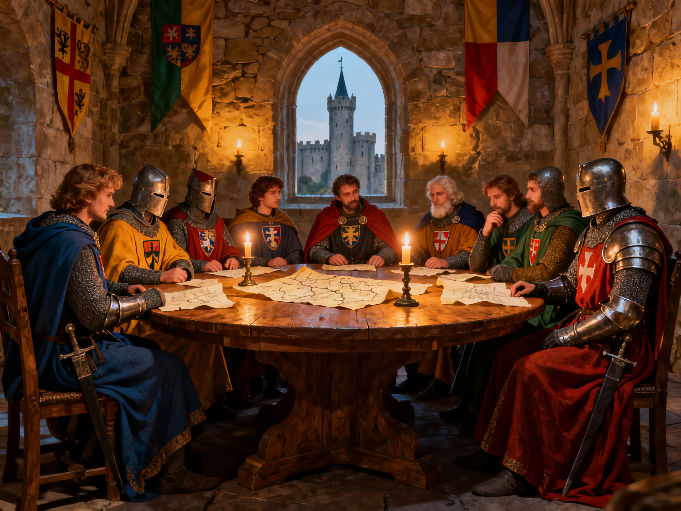 画面中描绘了一群中世纪骑士正围坐在一张巨大的木质圆桌旁进行军事会议。场景设定在一个由粗糙石墙砌成的城堡室内，背景中央有一扇拱形窗户，透出远方另一座高耸的城堡。九位骑士身着色彩鲜艳的披风和锁子甲，颜色涵盖了红、黄、蓝、绿等，墙上挂着对应的纹章旗帜。桌上铺着几张泛黄的地图，两支点燃的蜡烛散发出温暖的橘黄色光芒，照亮了众人的面孔。

然而，画面中存在多处明显的 AI 生成缺陷。首先，人物的手部结构异常严重，多名骑士的手指数量不对、扭曲或与地图重合，例如左侧蓝色披风骑士的手部模糊且比例失调。其次，空间透视存在逻辑错误，圆桌中心支柱的位置与桌面边缘的衔接显得生硬且不自然。此外，部分骑士的盔甲细节模糊，右侧红衣骑士的佩剑位置与身体的穿插关系也显得不够真实。整体构图虽然宏大，但细看之下人物的眼神交汇略显呆滞，缺乏真实的互动感。