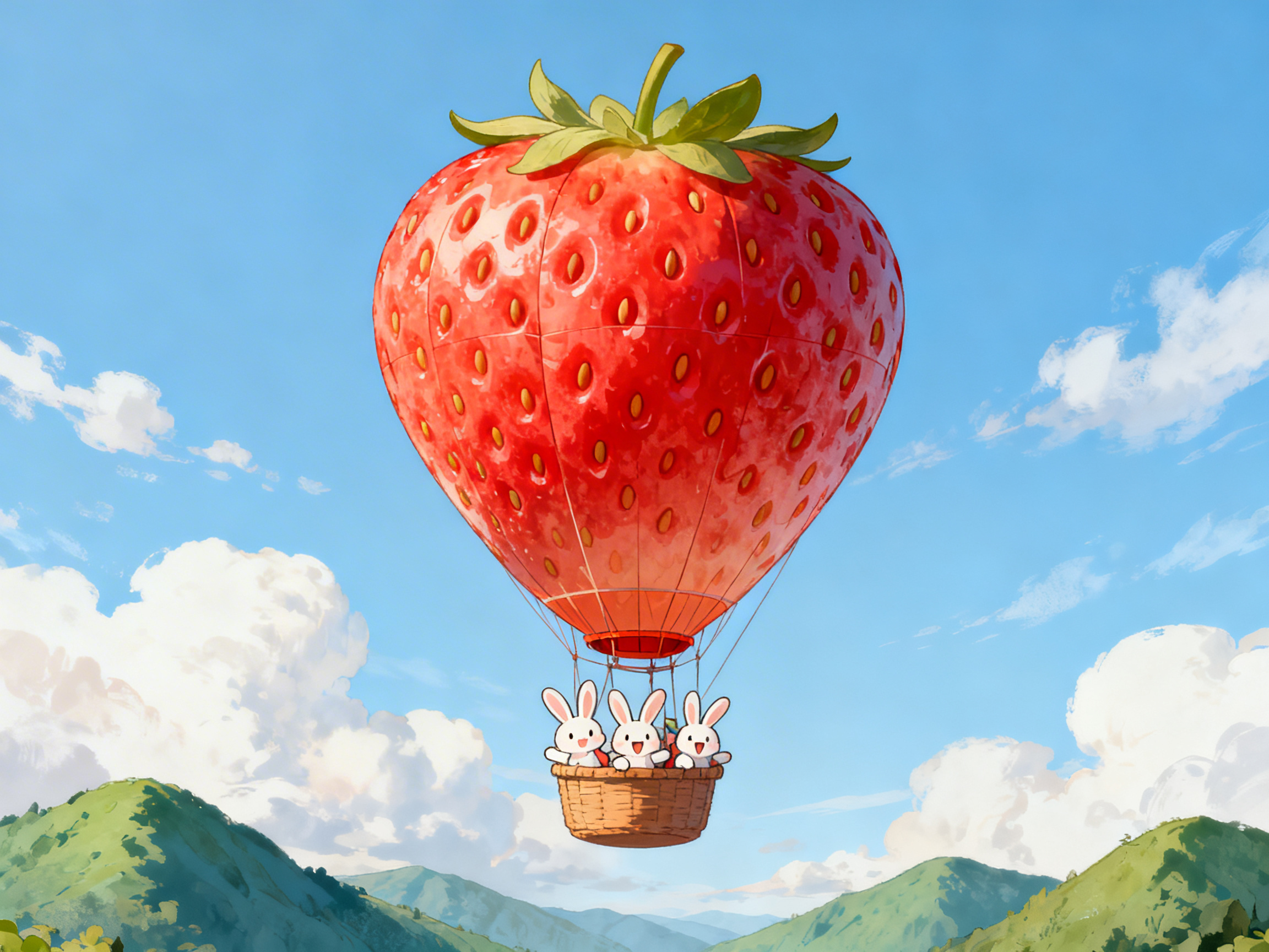 图中展现了一个充满童话色彩的梦幻场景。画面中心是一个巨大的红草莓热气球，它正漂浮在湛蓝的天空中。草莓气球色泽鲜艳、质感饱满，顶端带有翠绿的叶片，表面布满了金黄色的籽。气球下方悬挂着一个棕色的编织吊篮，三只神情愉悦、画风可爱的白色小兔子正挤在篮子里，它们露出开心的笑容，仿佛正在进行一场奇妙的空中旅行。背景是连绵起伏的翠绿山峦和洁白的云朵，整体色调明亮清新，给人一种温暖治愈的感觉。在 AI 生成的细节方面，可以观察到吊篮左侧连接气球的绳索显得有些杂乱且逻辑不通，部分绳线在空中凭空消失或交织方式异常；此外，草莓表面的纹理在底部收缩处略显模糊，与上方的清晰度不完全一致。