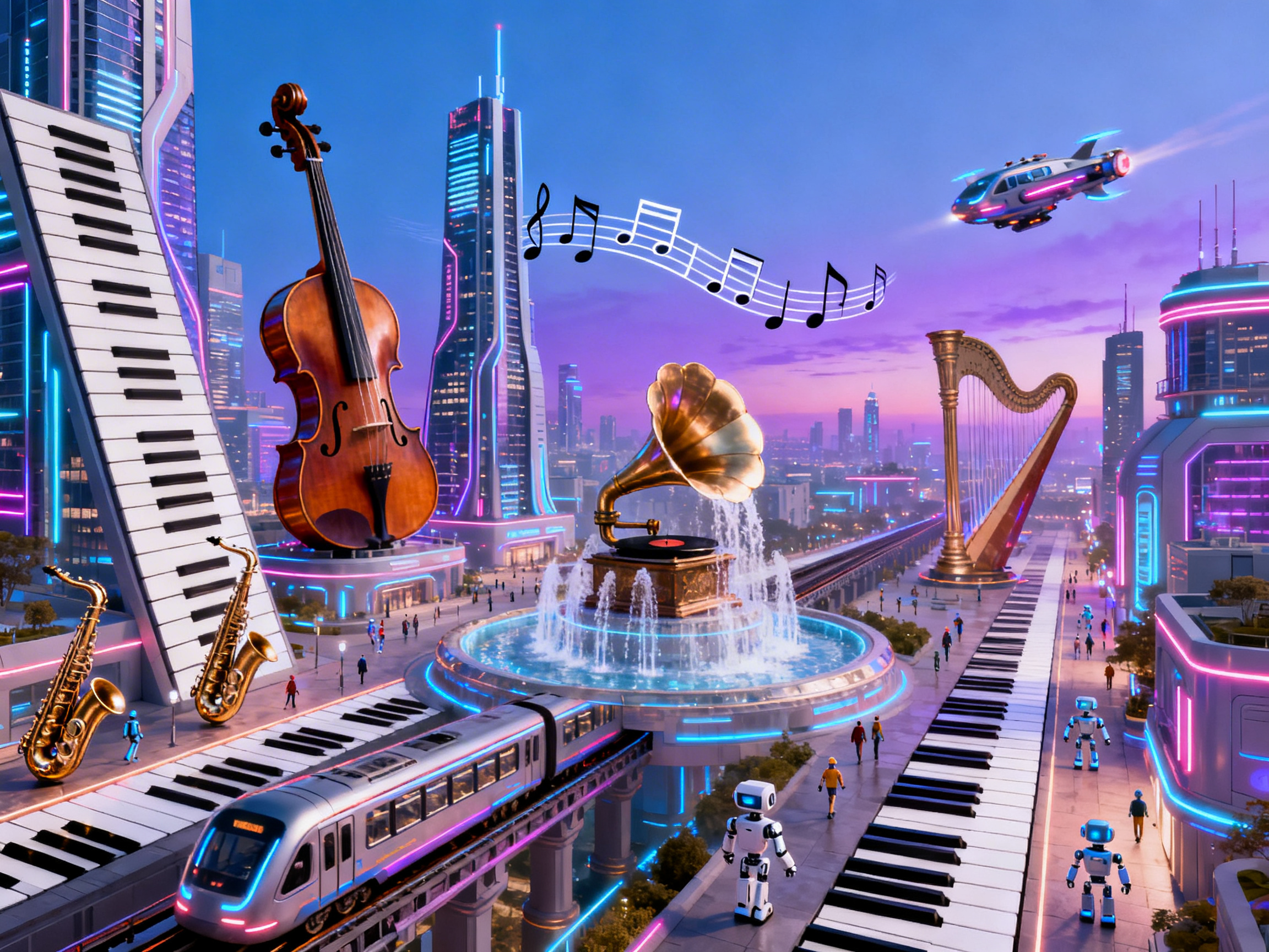 图中展现了一个充满科幻色彩的未来主义音乐之城。画面背景是紫粉色调的黄昏天空，高耸入云的摩天大楼闪烁着霓虹灯光。城市中心有一个巨大的留声机喷泉，正喷涌出清澈的水柱，上方漂浮着黑色的五线谱音符。街道和建筑被设计成乐器的形状：左侧有一座巨大的钢琴键盘大楼和一把大提琴，右侧矗立着金色的竖琴，地面则是宽阔的钢琴键步道。画面中散布着小巧的白色机器人和行人，一辆现代化的轻轨列车正从左下角驶过，空中还有一架发光的飞行器。

画面存在明显的 AI 生成缺陷：首先是透视和比例逻辑混乱，左侧钢琴大楼的黑白键排列不符合真实乐器规律，且与地面衔接生硬；地面的钢琴键步道在远景处突然断裂或与轨道重叠；左下角的萨克斯风悬浮在半空，缺乏支撑点；轻轨列车的轨道在经过喷泉时逻辑不明，似乎直接穿过了建筑结构；此外，背景中的音符线条生硬，缺乏空间立体感。