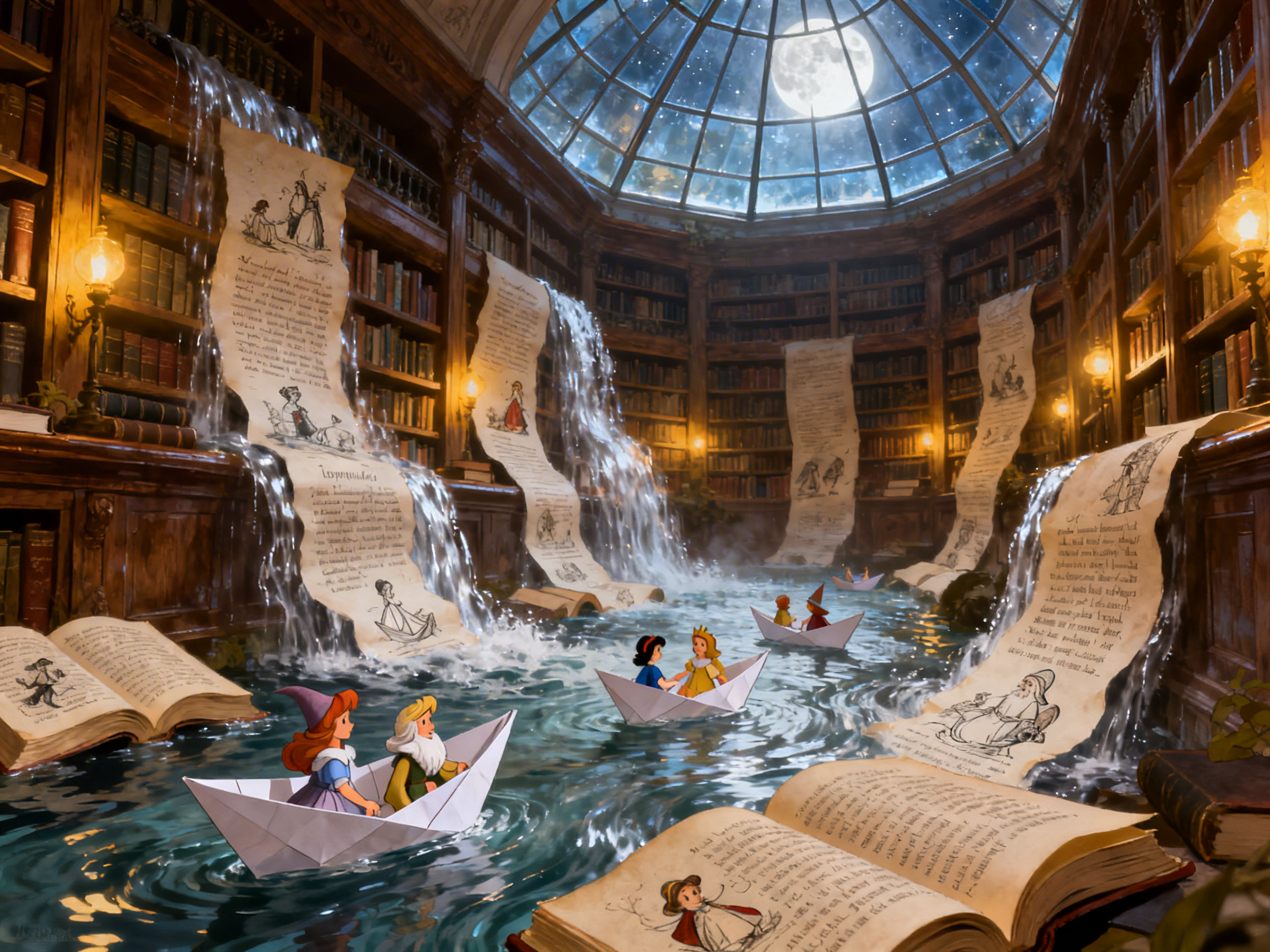 图中展现了一个充满奇幻色彩的室内图书馆场景。画面中心是一个被水淹没的圆形大厅，四周环绕着高耸入云的木质书架，书架上摆满了密密麻麻的书籍。上方是一个巨大的玻璃穹顶，透出深夜的星空和一轮明亮的圆月。最奇特的是，许多巨大的书页像瀑布一样从书架上倾泻而下，化作奔腾的水流汇入地面的水池中。水面上漂浮着几只白色的纸船，船上坐着卡通风格的小人，正悠然地划行。整体色调以温暖的木质棕色和清冷的月光蓝色为主，营造出一种梦幻且静谧的氛围。

在 AI 生成的细节方面，存在一些明显的逻辑缺陷：画面左侧和右侧倾泻而下的“书页瀑布”与书架的连接处透视生硬，水流与纸张的融合显得不够自然；水面上漂浮的打开的书本，其纸张纹理与水波的接触面缺乏真实的物理折射；此外，纸船上的卡通人物比例不一，且部分人物的五官和手部线条较为模糊，与背景精细的油画质感略显脱节。