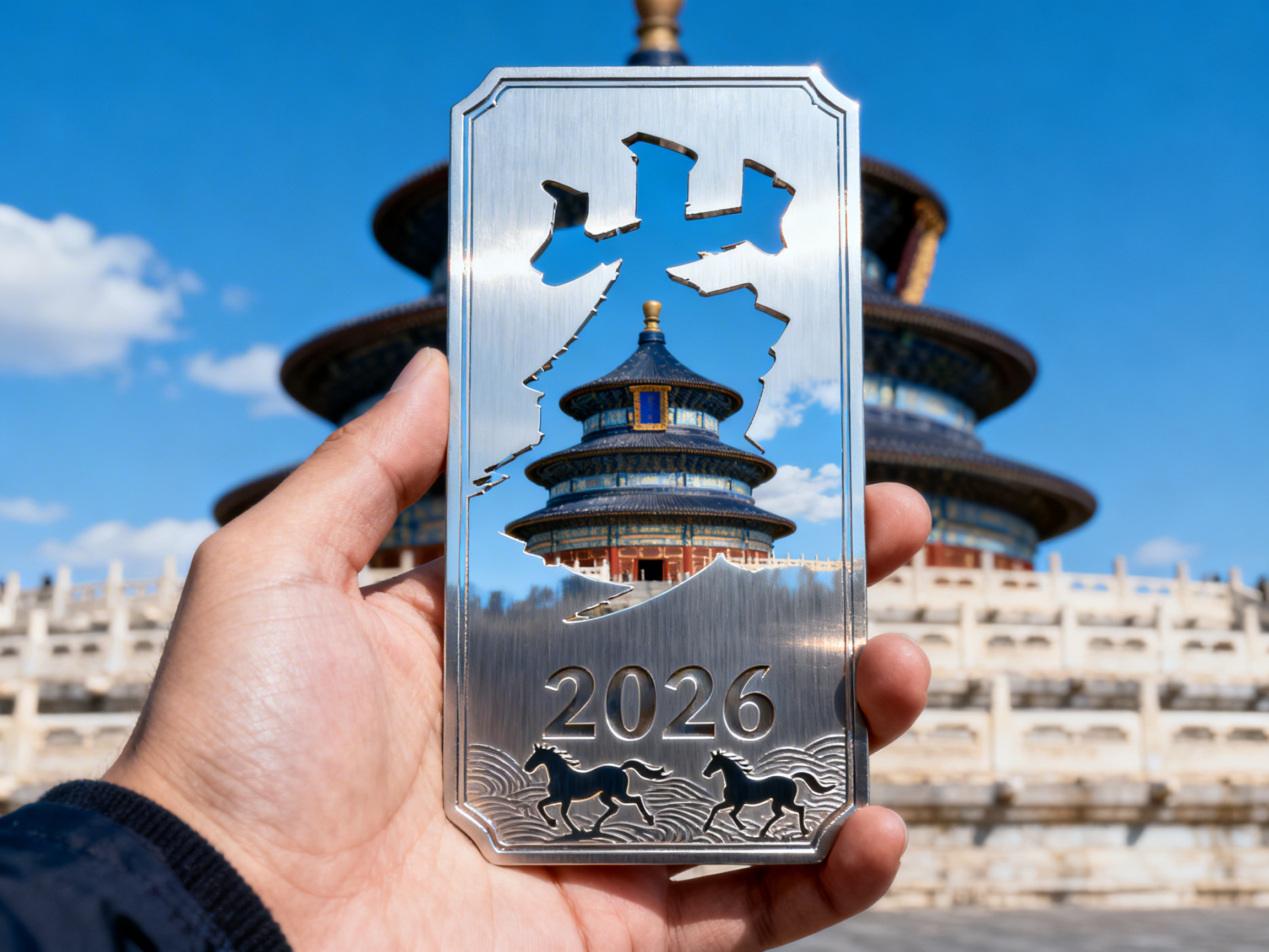 图中展示了一只左手拿着一块长方形银色金属牌，背景是北京天坛祈年殿。金属牌中心有一个巨大的镂空汉字，透过这个镂空处，可以清晰地看到远处的天坛建筑，形成了一种巧妙的框景构图。金属牌下方刻有数字“2026”以及两匹奔马和波浪纹饰。背景天空晴朗，呈现出鲜艳的蓝色。然而，画面中存在明显的 AI 生成缺陷：首先，金属牌上的镂空汉字结构杂乱且不完整，无法辨认出具体是哪个字；其次，手部细节存在异常，大拇指的比例和关节连接显得不够自然；此外，金属牌下方的马匹图案线条略显生硬，且背景中天坛的边缘与金属牌镂空处的衔接在透视上略显违和，缺乏真实的光影遮挡关系。
