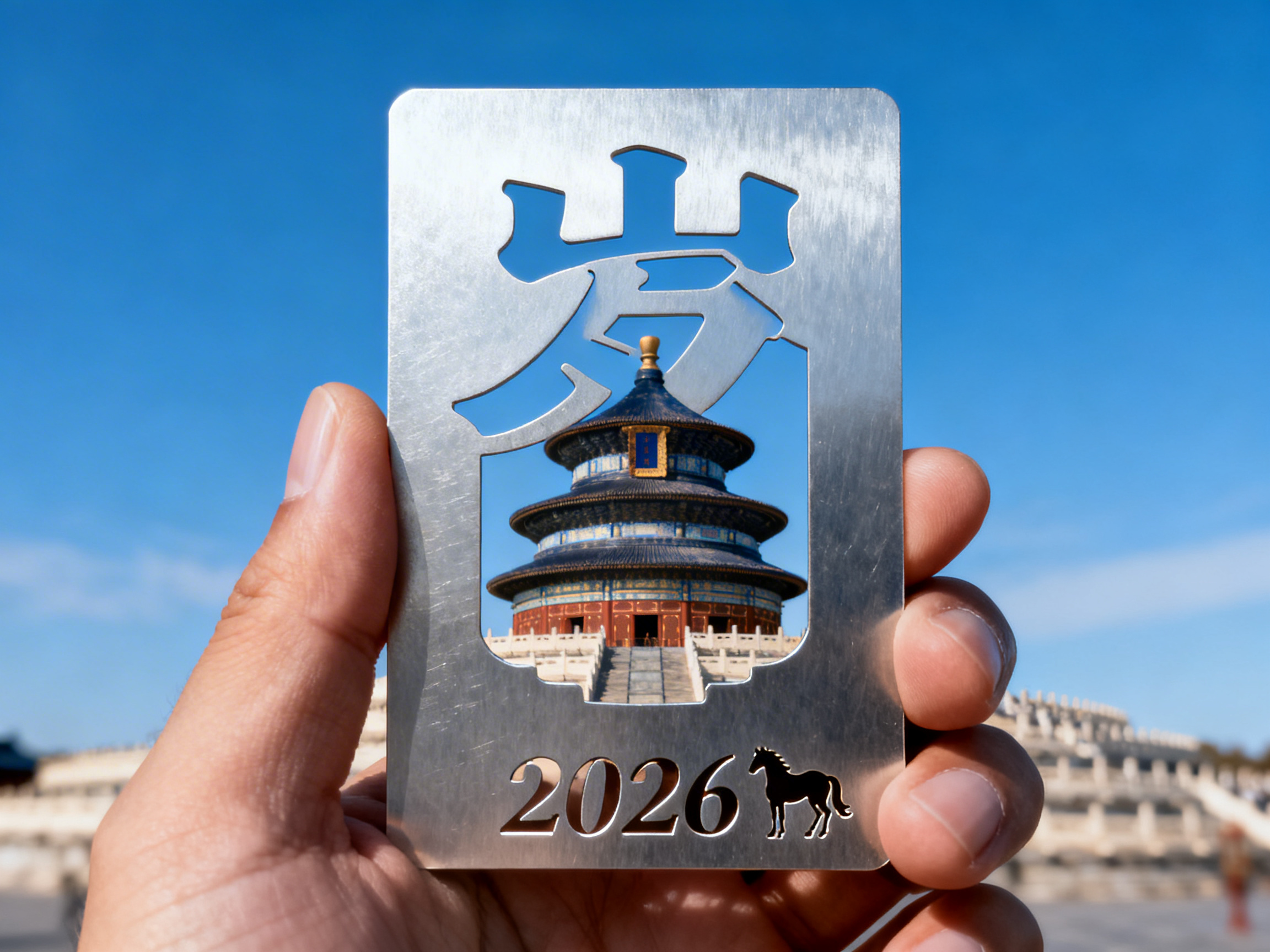 图中展示了一只手正握着一块银色金属镂空卡片，背景是北京天坛的祈年殿。卡片的上半部分镂空出了一个巨大的汉字“岁”，下半部分则镂空有数字“2026”和一个马形的剪影。透过卡片中间的镂空区域，可以清晰地看到远处蓝天下的祈年殿，构图巧妙地将金属工艺与古建筑实景结合。画面色调明亮，蓝天纯净，金属质感细腻。然而，图中存在明显的 AI 生成缺陷：首先，手部结构异常，左侧的大拇指显得过长且关节僵硬，右侧握持卡片的手指数量和排列逻辑混乱，指尖形状不自然。其次，卡片上的汉字“岁”字形结构略显生硬，不符合常规书法或印刷美学。最后，远处的祈年殿虽然轮廓清晰，但细节处的飞檐和纹饰在透视上略显模糊，与近处清晰的手部形成了不协调的对比。