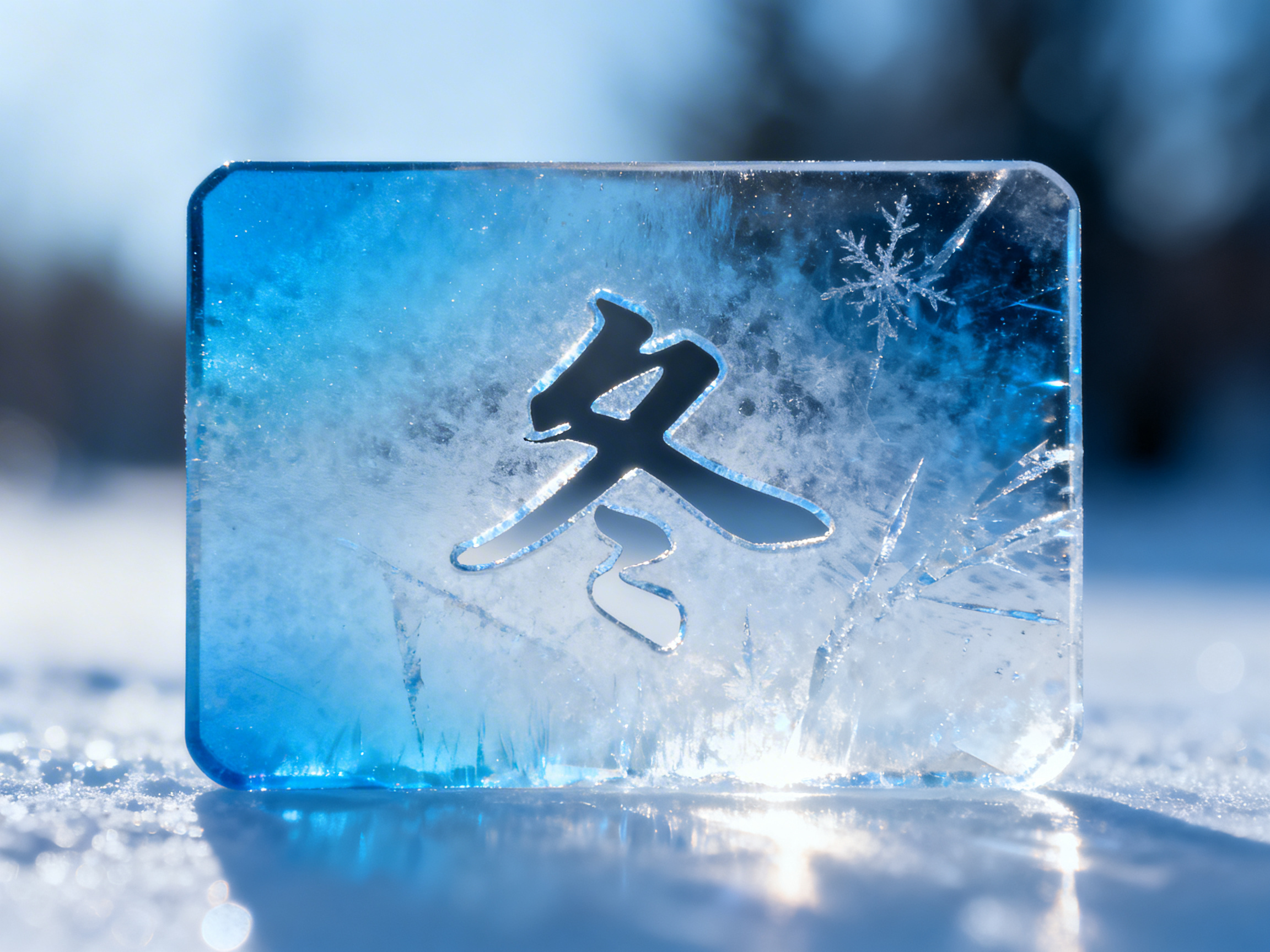 图中展示了一块晶莹剔透的长方形冰砖，平稳地放置在被阳光照耀的雪地上。冰砖呈现出从深蓝色到透明的渐变色调，内部蕴含着细腻的冰晶纹理和一朵精致的雪花图案。冰砖的中心位置镂空雕刻了一个汉字「冬」，阳光穿过镂空处，在冰块边缘勾勒出明亮的光边。背景是虚化的冬日户外景象，蓝色的天空与洁白的雪地交相辉映，整体氛围寒冷而纯净。在 AI 生成的细节方面，画面存在明显的逻辑缺陷：中心雕刻的「冬」字结构不完整，下半部分的两个点被扭曲连接成了一个不规则的钩状线条，失去了汉字原本的笔画形态；此外，冰砖右上角的雪花分叉过于密集且不对称，显得不够自然。