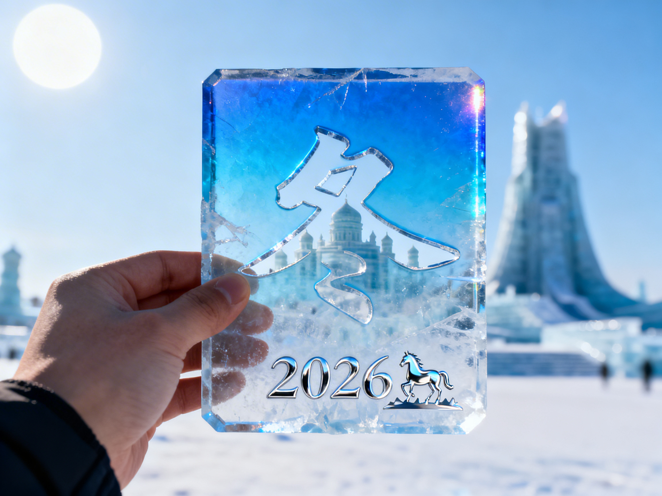 图中展示了一只左手捏着一块长方形透明冰砖，背景是阳光明媚的冰雪大世界。冰砖中心镂空刻有一个巨大的汉字「冬」，下方印有银色质感的数字「2026」和一匹奔马的标志。透过冰砖，可以看到远处模糊的冰雕城堡建筑。天空呈现清澈的浅蓝色，左上角有一轮明亮的太阳。画面色调以冰蓝、纯白和银色为主，营造出寒冷而纯净的冬季氛围。

在 AI 生成的细节方面，存在明显的逻辑缺陷：首先，手部动作与冰砖的接触点不自然，大拇指似乎直接嵌入了冰砖边缘，且手指的关节结构略显僵硬。其次，冰砖上的「冬」字笔画断开，镂空结构在物理上难以维持悬浮状态。此外，背景中的冰雕建筑线条过于平滑且缺乏透视细节，太阳的光晕也呈现出一种不自然的圆形过曝感，缺乏真实的光学散射效果。