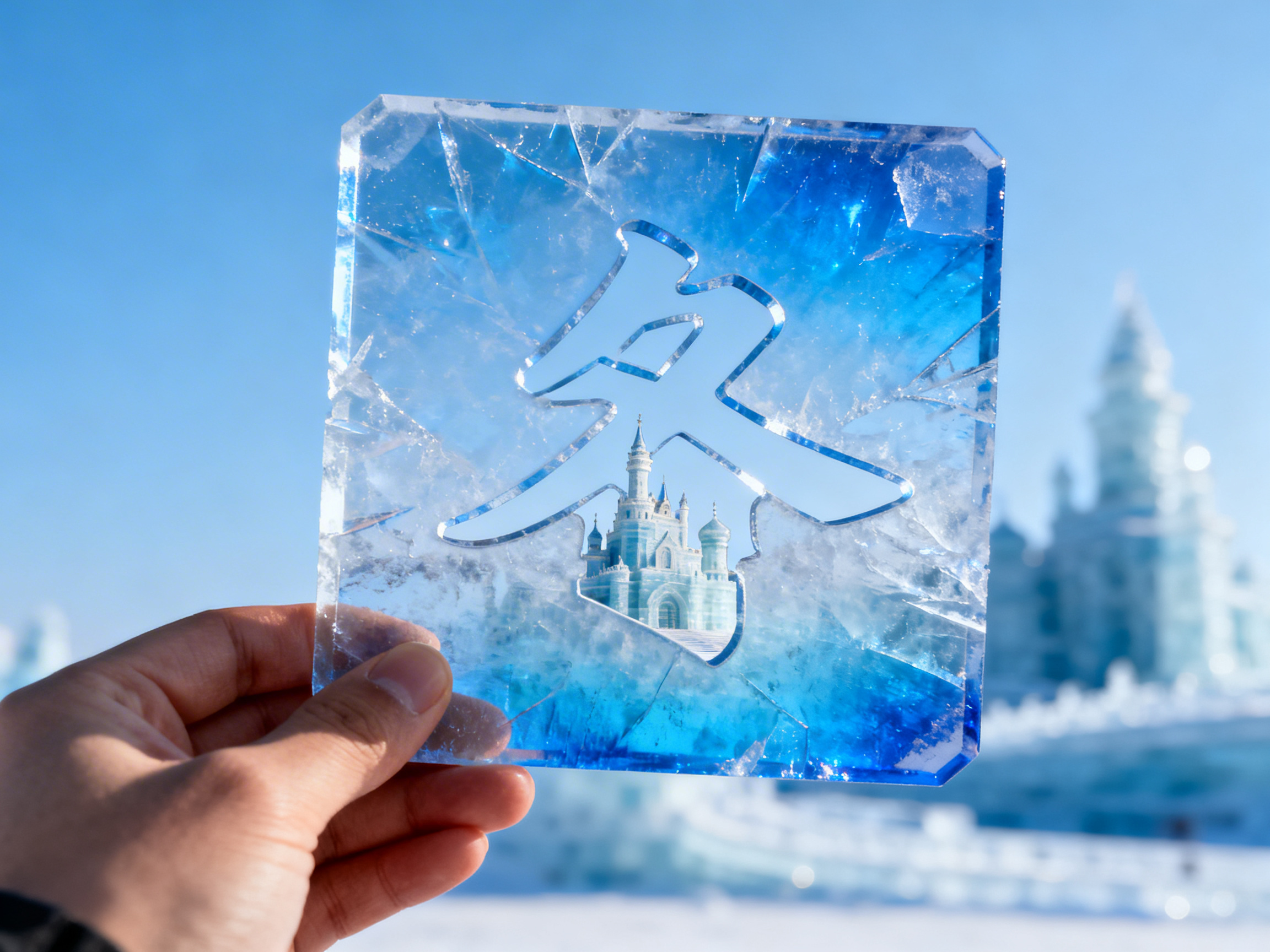 画面中，一只左手在明亮的户外阳光下举起一块正方形的透明冰砖。冰砖中心被镂空雕刻出一个巨大的汉字，背景是蓝天和模糊的冰雪城堡建筑。冰砖呈现出晶莹剔透的质感，内部带有自然的裂纹和深蓝色的晕染，通过镂空的汉字中心，可以清晰地看到远处一座微缩的冰雕城堡。整体色调以冰蓝色和白色为主，给人一种寒冷而纯净的视觉感受。

在 AI 生成的细节方面，画面存在明显的逻辑缺陷：首先，冰砖中心镂空的汉字形状并不规范，它看起来像是“冬”字的变体，但笔画结构扭曲且不完整，无法准确辨认。其次，左手的手指比例略显不自然，指尖与冰砖接触的受力感不够真实。最显著的异常在于透视关系，镂空处显示的微缩城堡在光影和清晰度上与背景并不协调，像是直接贴在冰砖空隙中的贴纸，而非真实的远景透视。