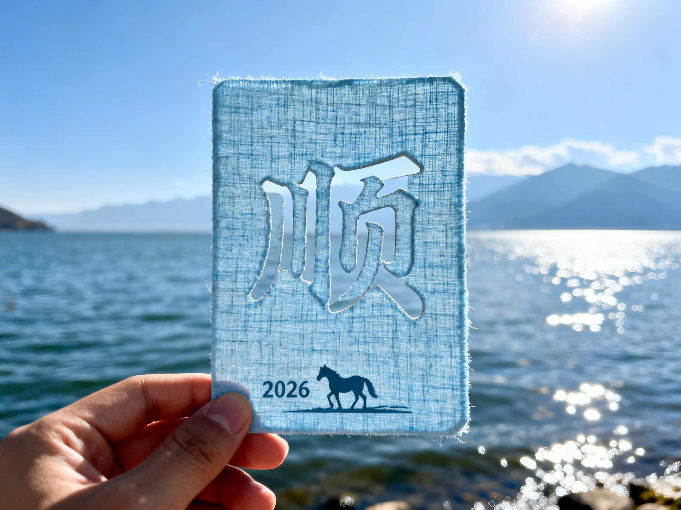图中展示了一只左手拿着一张浅蓝色亚麻质感的长方形卡片，背景是波光粼粼的湖泊和远处的群山。阳光从右上方照射，湖面上闪烁着耀眼的白色光斑。卡片中心有一个镂空的汉字“顺”，通过镂空处可以看到背景的湖水。卡片下方印有数字“2026”和一匹奔马的黑色剪影。整体色调以明亮的蓝色和白色为主，给人一种清新、宁静的感觉。

画面中存在明显的 AI 生成缺陷：首先，手部结构异常，大拇指的指甲形状不自然，且手指与卡片接触的部位缺乏合理的物理挤压感，像是悬浮在卡片边缘；其次，卡片上的镂空汉字“顺”笔画结构有误，左侧“川”部与右侧“页”部的连接处显得生硬且不符合常规书写逻辑；最后，卡片边缘的毛边效果分布过于均匀且细碎，带有明显的数字合成痕迹。