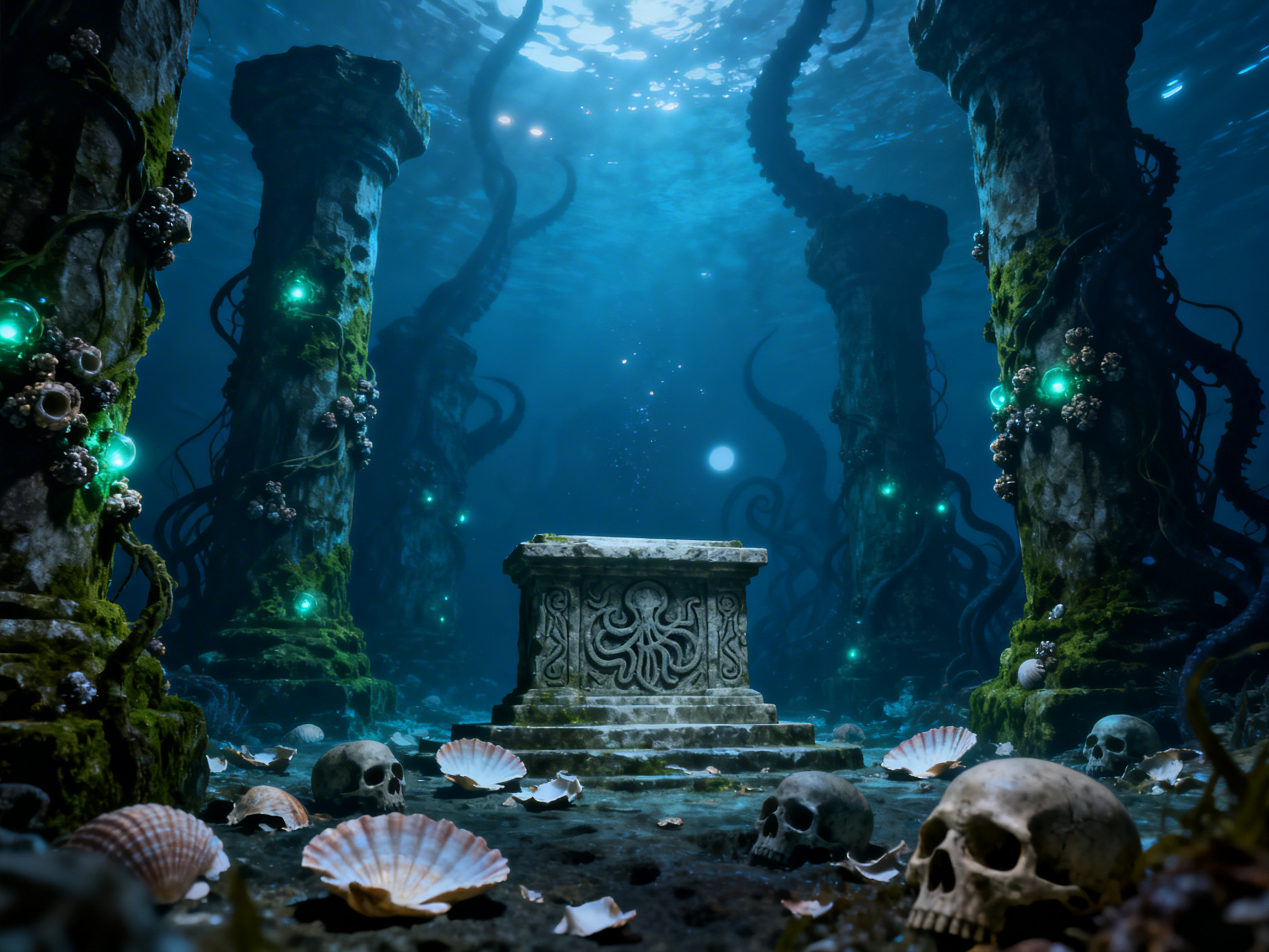 图中展现了一个幽暗而神秘的深海遗迹场景。画面中央是一座古老的石质祭坛，上面刻有章鱼或克苏鲁风格的浮雕。祭坛周围环绕着四根巨大的石柱，石柱上布满了青苔、藤蔓和发着幽幽绿光的生物。海底地面散落着人类头骨和各种贝壳，透出一种死亡与诡异的气氛。背景中，巨大的触手在深蓝色的海水中若隐若现，阳光从上方水面透射下来，形成斑驳的光影。

作为一张 AI 生成的图片，画面存在一些明显的逻辑缺陷：前景右侧的巨大头骨比例异常，且其结构略显扁平，缺乏真实的骨骼质感；祭坛上的章鱼浮雕线条虽然复杂，但左右并不完全对称，显得有些杂乱；背景中的触手与水流的透视关系不够自然，部分触手的末端直接消失在虚空中，缺乏合理的连接。此外，水下的光斑分布过于均匀，呈现出一种数字合成的人工感。