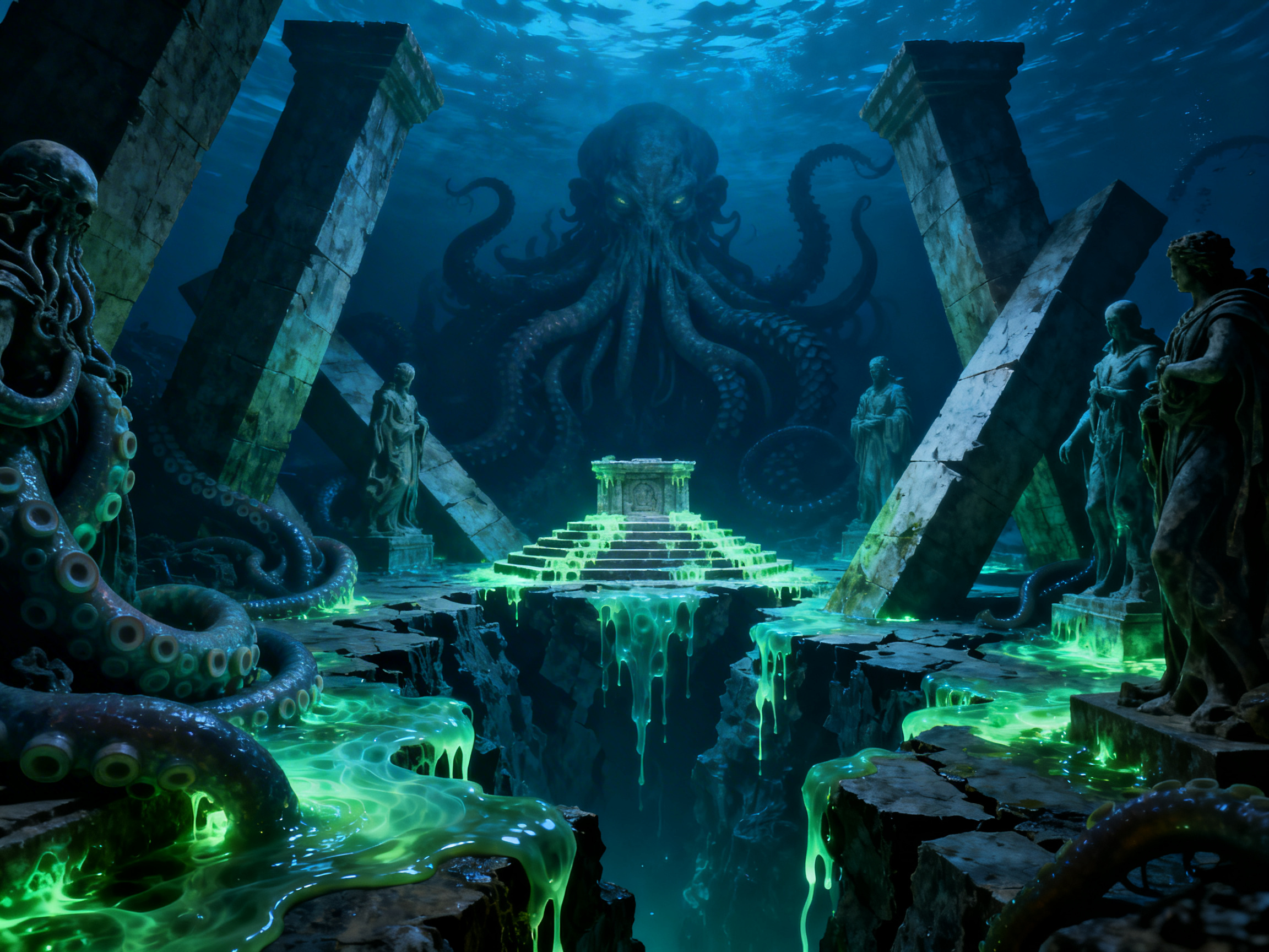 图中展现了一个充满克苏鲁神话风格的深海遗迹场景。画面中心是一个巨大的章鱼状海怪，它潜伏在幽暗的背景中，拥有散发微弱黄光的眼睛和无数粗壮的触手。前景是一座破损的石质祭坛，台阶上流淌着发光的荧光绿色粘稠液体，这些液体正顺着断裂的海底岩石缝隙滴落。祭坛两侧矗立着倾斜的巨大石柱和几座神情肃穆的人形石像，左侧石像已被巨大的触手缠绕。整体色调以深邃的冷蓝色和诡异的荧光绿为主，营造出一种压抑、神秘且古老的氛围。

在 AI 生成的细节方面，存在一些明显的逻辑缺陷：画面右侧的石柱与背景建筑的透视关系模糊，仿佛凭空交错；右侧两尊石像的足部与底座融合得不够自然，且最右侧石像的手部线条模糊不清。此外，左侧触手上的吸盘分布过于密集且形状大小不一，缺乏生物学的真实感。