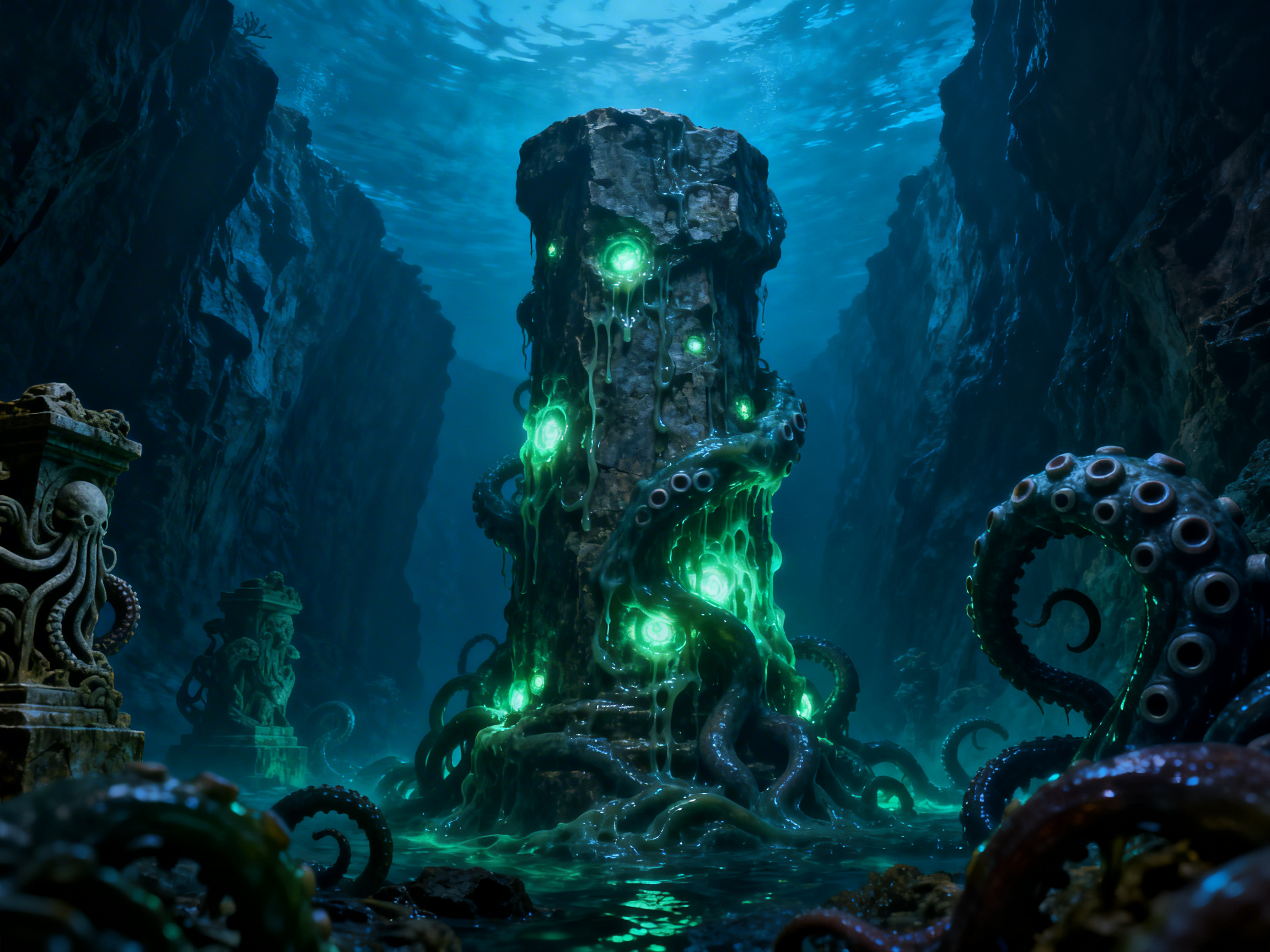 画面中呈现了一个幽暗而神秘的深海场景。在构图中心，一座巨大的岩石石柱耸立在海底峡谷之间，石柱上缠绕着大量带有吸盘的深色触手。石柱表面嵌有多个散发着荧光绿色的球形发光体，这些光芒照亮了周围黏稠的半透明液体，给人一种诡异的生物感。画面两侧是陡峭的深蓝色礁石峭壁，左侧前景有刻着章鱼浮雕的古老石柱残骸。整体色调以深邃的海蓝色和明亮的荧光绿为主，光影对比强烈，营造出克苏鲁风格的恐怖氛围。

在 AI 生成缺陷方面，画面存在明显的逻辑异常：右侧前景的触手吸盘排列过于杂乱且大小不一，部分吸盘的结构模糊，甚至出现了凭空生长的细小尖刺。石柱上流下的绿色液体与海水的物理边界模糊，看起来更像是凝胶而非液体。此外，远景处的触手与地面的连接处缺乏合理的透视过渡，显得有些漂浮，部分触手的末端在没有支撑的情况下呈现出不自然的扭曲形状。