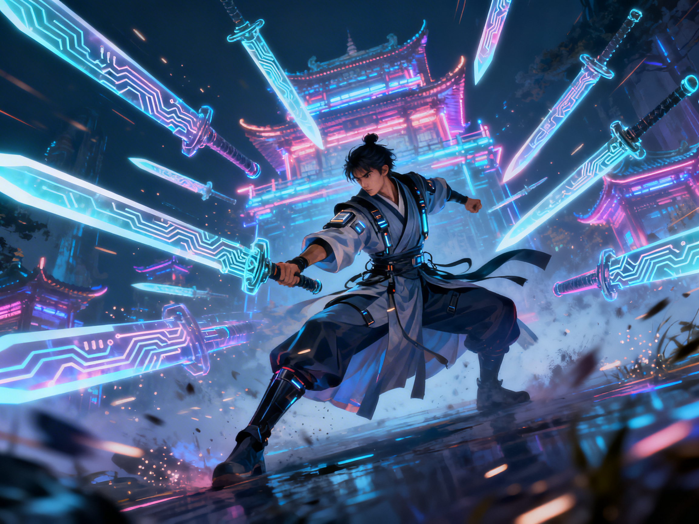 图中展现了一幅融合了赛博朋克与仙侠风格的画面。一位黑发少年身着蓝白相间、带有科技感装饰的古风长袍，正处于战斗姿态。他扎着发髻，眼神坚毅，右手紧握一把发光的长剑，左手向后伸展。在他周围，数把巨大的半透明长剑悬浮在空中，剑身上布满了类似电路板的青蓝色发光纹路。背景是一座宏伟的传统中式阁楼，被绚丽的粉紫色和青蓝色霓虹灯光点亮，地面湿滑并倒映着光影，营造出一种紧张的战斗氛围。

在 AI 生成细节方面，画面存在明显的逻辑缺陷：人物右手的握剑姿势不自然，手指与剑柄的融合显得模糊且结构混乱；左手握拳的形状略显僵硬，缺乏清晰的指节结构。此外，背景中悬浮的几把长剑在透视上略显违和，部分剑刃的边缘与背景建筑的光影产生了不合理的重叠，且远处的建筑线条在霓虹灯光的晕染下显得有些破碎。