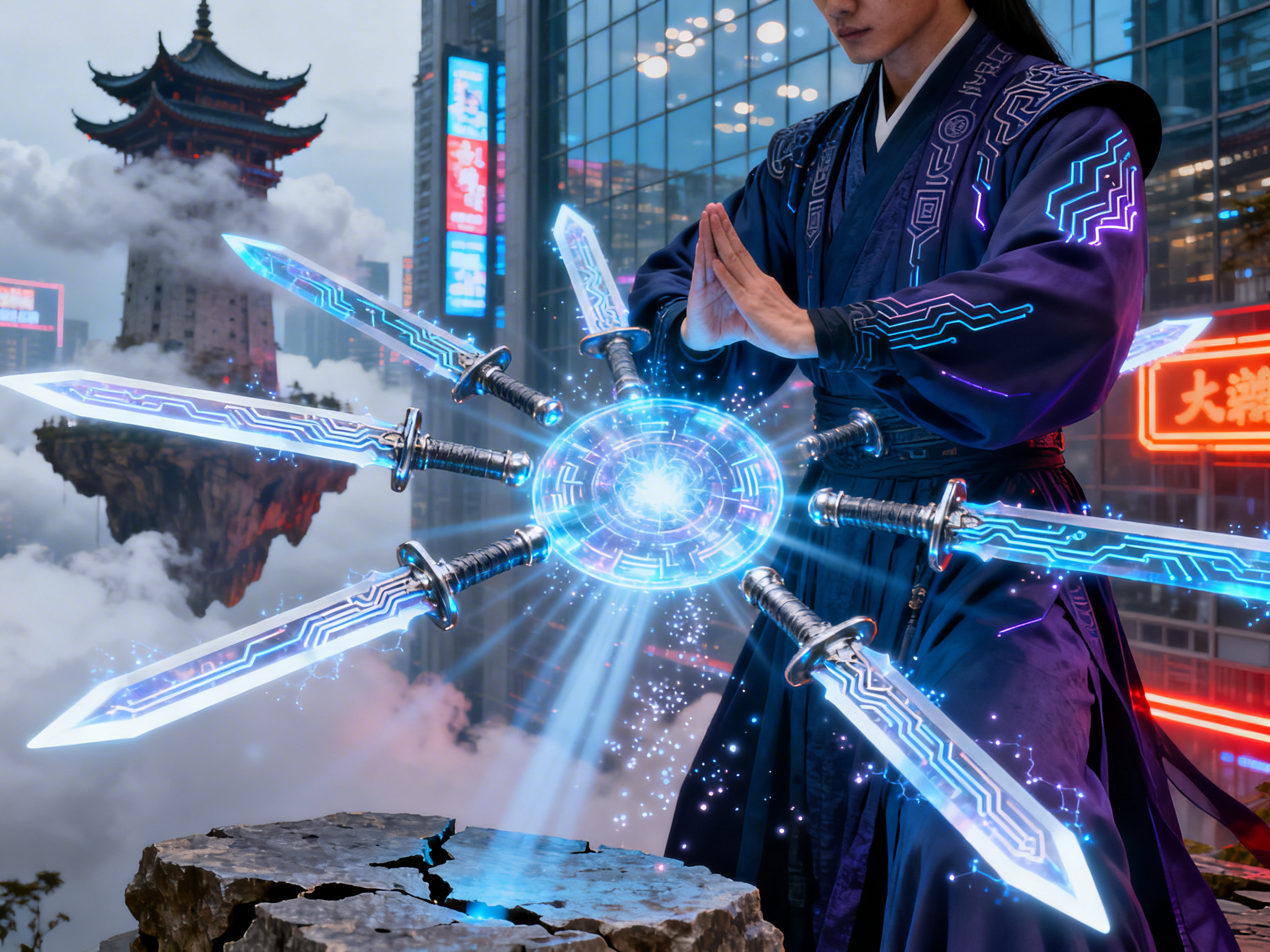 图中展现了一个融合了仙侠修真与赛博朋克风格的奇幻场景。画面右侧站立着一位身着深蓝色古风长袍的男子，他双手合十，衣袖上闪烁着紫蓝色的电子电路纹路。在他身前，一个散发着耀眼蓝光的几何法阵正悬浮运转，六把带有科技感发光线条的长剑呈放射状环绕法阵，剑尖指向外侧。背景左侧是一座悬浮在云海中的中式古塔，而右侧则是高耸的现代玻璃幕墙大厦与红色的霓虹灯招牌，形成了强烈的古今碰撞感。画面色调以深蓝、冷白和霓虹红为主，光影效果绚丽。在 AI 生成细节方面，存在明显的逻辑缺陷：男子的双手手指融合模糊，缺乏清晰的指节结构；环绕的剑柄比例不一，且部分剑刃与法阵的衔接处透视关系混乱；背景霓虹灯上的汉字模糊不清，无法辨认，呈现出随机堆砌的笔画特征。