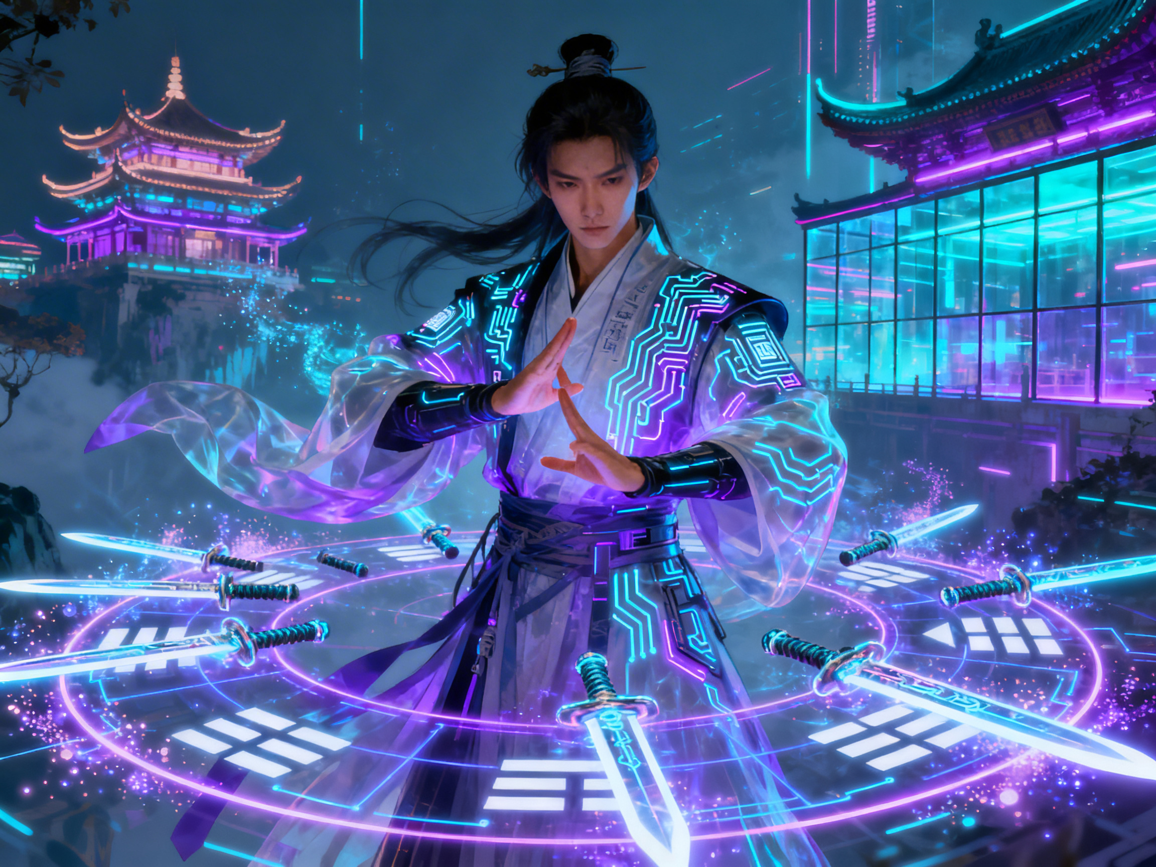 图中展现了一幅融合了中国仙侠与赛博朋克风格的奇幻画面。一位面容清秀、长发束起的年轻男子立于画面中央，他身着白紫相间的古装长袍，袍身上布满了发光的青蓝色电路纹路。他双手在胸前结印，脚下环绕着一个巨大的紫色发光八卦阵，阵法中悬浮着多把散发冷光的长剑。背景是夜色下的中式古建筑，但建筑被霓虹灯带勾勒，呈现出科幻感。整体色调以深蓝、亮紫和青色为主，光影迷幻。在 AI 生成的细节方面，存在明显的逻辑缺陷：男子的双手手指交叠方式异常，显得扭曲且指节数量不自然；脚下八卦阵的卦象符号排列杂乱，不符合传统易经逻辑；背景建筑的窗棂线条与透视略显混乱，右侧建筑的牌匾文字模糊无法辨认。