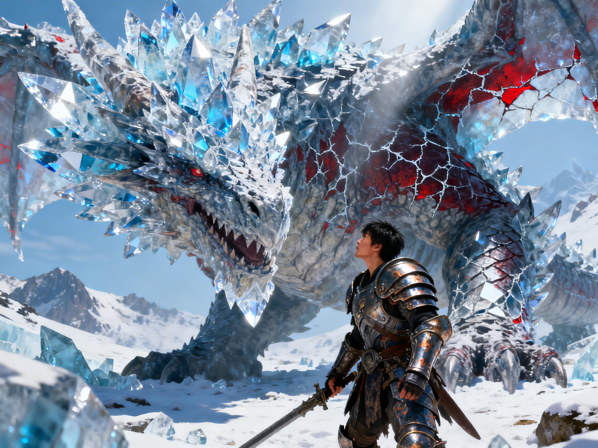 图中展现了一个充满奇幻色彩的雪地对峙场景。画面中心，一名身着锈迹斑斑的银色铠甲、手持长剑的黑发战士，正抬头仰望一只巨大的冰晶巨龙。巨龙占据了画面大半部分，全身覆盖着透明且闪烁蓝光的冰晶鳞片，背部和翅膀根部透出如岩浆般的暗红色裂纹，双眼呈血红色，显得威严而凶猛。背景是连绵的雪山和晴朗的蓝天，阳光从右上方洒下，在冰晶上形成耀眼的折射。构图上采用低角度仰拍，突出了巨龙的庞大与震撼。画面存在明显的 AI 生成缺陷：战士右手握剑的姿势不自然，手指与剑柄的融合显得模糊且结构混乱；巨龙左侧爪子的脚趾数量和排列逻辑不清晰，与地面接触的部分显得有些漂浮；此外，巨龙翅膀上的红色纹路分布过于随机，缺乏合理的生物解剖结构，部分冰晶的透视关系也略显生硬。