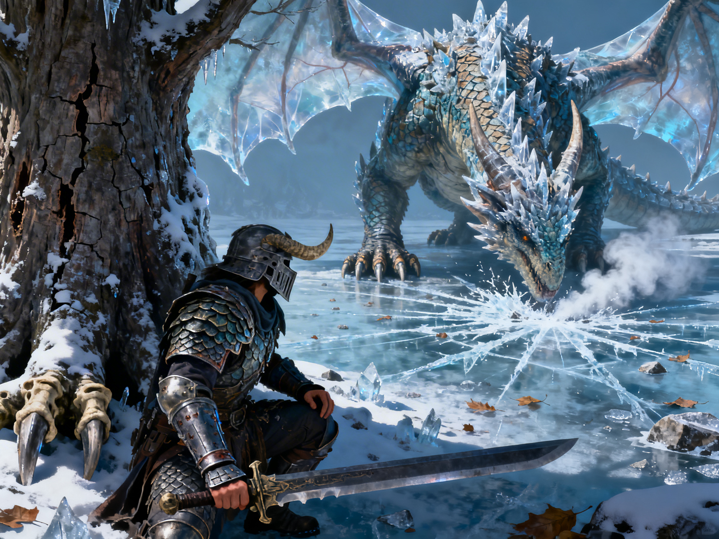 图中展示了一幕紧张的奇幻对峙场景。在冰天雪地的背景下，左侧前景处站着一位身披厚重鳞甲、头戴牛角头盔的战士，他正半蹲在一棵挂满积雪的古树旁，右手紧握一柄长剑，警惕地注视着前方。画面右侧是一条巨大的冰霜巨龙，它拥有晶莹剔透的蓝色半透明翅膀，背部布满如冰晶般的尖刺，正低头向战士逼近，鼻息间散发出白色的寒气，脚下的冰面因其压力呈现出放射状的裂纹。整体色调以冷蓝色、白色和金属灰为主，营造出寒冷肃杀的氛围。

在 AI 生成的细节方面，存在几处明显的逻辑缺陷：首先，战士左侧的树根处莫名其妙地长出了类似龙爪的骨骼结构，与树木生长规律不符；其次，战士右手握剑的姿势略显僵硬，手指与剑柄的融合不够自然；此外，巨龙左侧翅膀的边缘线条与背景山脉的衔接处显得模糊且不连贯，透视关系略显混乱。