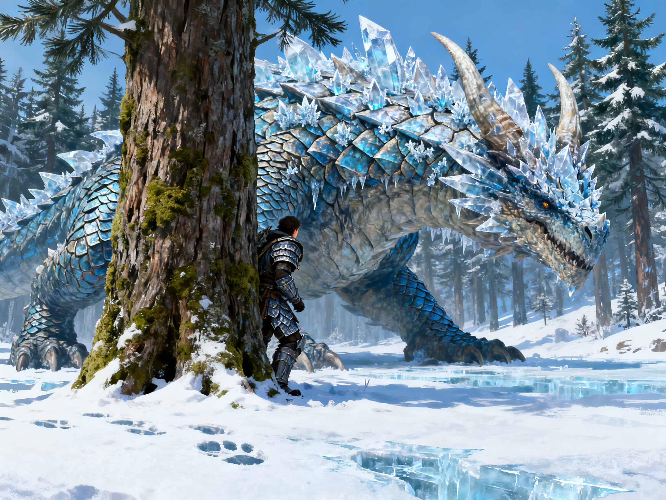 图中展现了一个充满奇幻色彩的冬日森林场景。画面左前方是一棵粗壮的、覆盖着苔藓和积雪的古树，一名身穿银灰色铠甲的战士正躲在树后，警惕地观察着前方。画面主体是一头体型巨大的冰霜巨龙，它占据了背景的大部分空间，全身覆盖着如蓝宝石般晶莹剔透的鳞片，背部和头部生满了锋利的冰晶尖刺，双眼闪烁着橙黄色的光芒。背景是银装素裹的针叶林，地面覆盖着厚厚的白雪和破碎的冰层。

画面中存在一些明显的 AI 生成缺陷：首先，巨龙的身体结构存在透视逻辑问题，其左前肢与身体的连接处显得非常生硬，且后肢的分布位置模糊不清，导致巨龙的体态看起来不够自然。其次，战士的铠甲细节在放大后显得纹理杂乱，且他脚下的雪地脚印形状怪异，与人类靴子的形状不符。此外，巨龙下颚处的冰晶与背景树木的边缘产生了不自然的融合，显示出图层处理上的瑕疵。