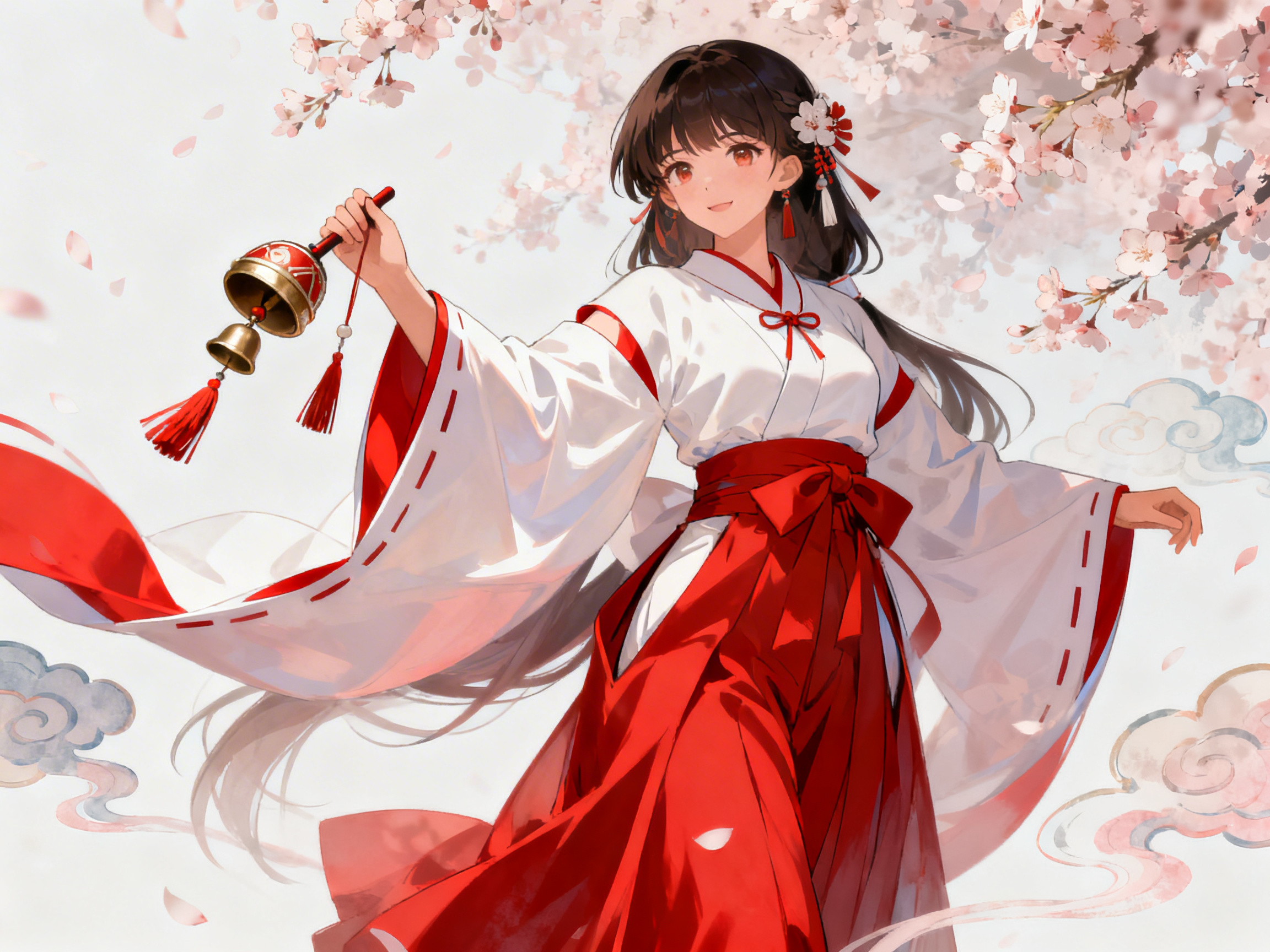 画面中展示了一位具有二次元动漫风格的年轻女性，她身着红白相间的日本巫女服饰，站在盛开的粉色樱花树下。女子拥有深色的长发，头戴精致的花朵发饰，面带温柔的微笑，双眼呈暖红色。她右手高举着一把带有红色流苏的金铃，左手自然垂下，宽大的袖口随风飘动，背景点缀着淡雅的祥云图案，整体色调明亮清新。

在 AI 生成的细节方面，存在一些明显的逻辑缺陷：首先是女子的右手，抓握金铃手柄的手指结构模糊且数量异常，手柄末端与手掌的连接处显得不自然；其次，金铃下方的红色流苏在空中飘浮的角度与重力感不符；此外，左侧袖子内部的红色色块与衣物结构的衔接较为生硬，缺乏合理的空间透视。尽管如此，画面整体依然营造出一种唯美、宁静的和风意境。