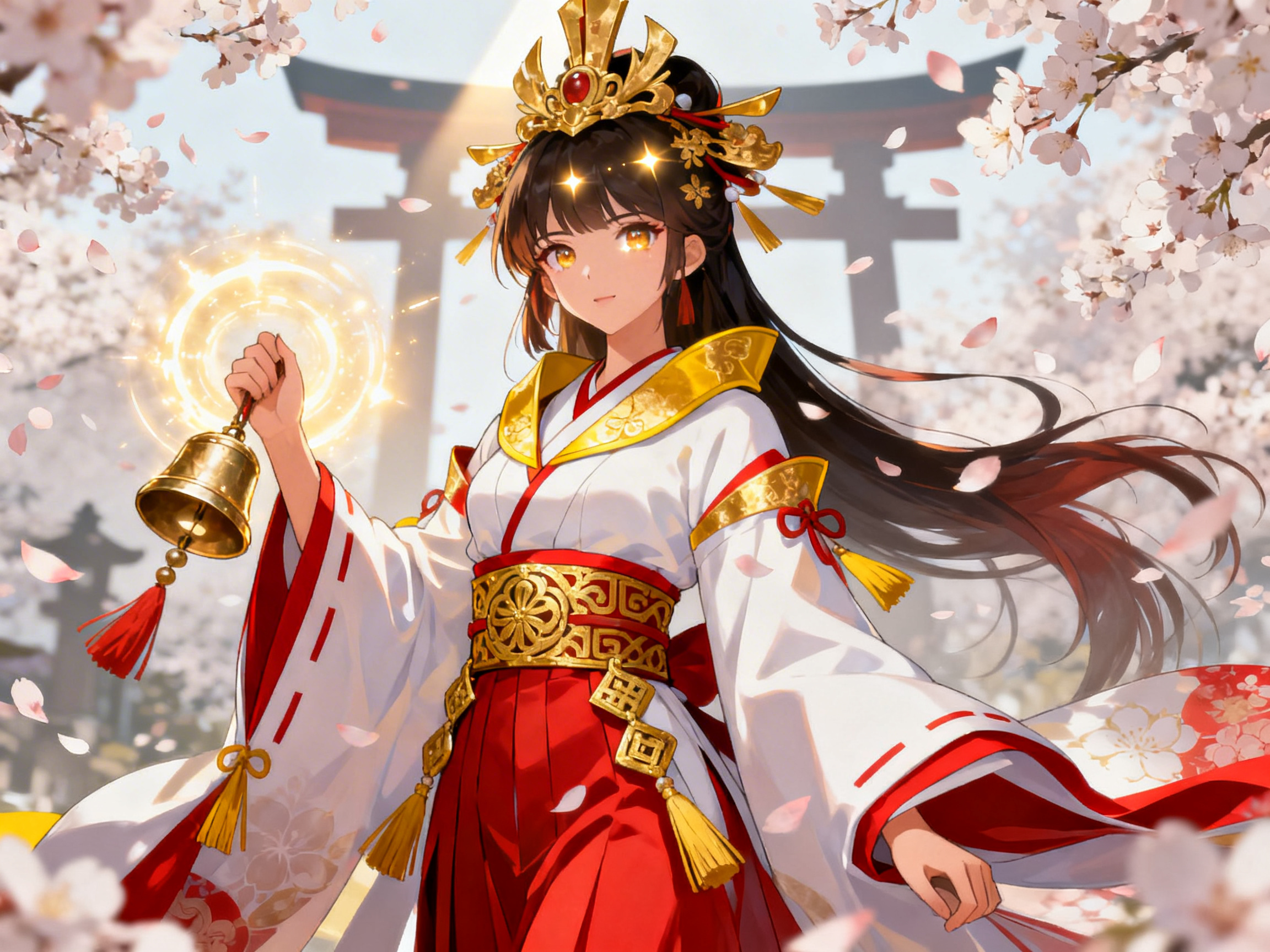 图中展现了一位具有二次元动漫风格的年轻女性，她身着华丽的日本巫女服饰，正站在盛开的樱花树下。她有着深色的长发，头戴精致的金色发冠，双眼呈明亮的琥珀色。她穿着白色的宽袖上衣，腰间束有金色的宽腰带，下半身是鲜红色的褶裙，整体色彩以红、白、金为主，显得神圣而高雅。背景中可以看到一座模糊的红色鸟居，阳光穿过花瓣洒下，营造出梦幻的氛围。

在细节方面，画面存在明显的 AI 生成缺陷：女性右手握着一个散发金色光芒的铃铛，但握住铃铛柄的手部结构异常，手指显得僵硬且比例不自然，铃铛的顶端似乎直接穿过了手掌。此外，她左手的指尖部分也显得模糊且形状扭曲。背景中鸟居的横梁线条不够平直，左右结构略显不对称。尽管如此，整幅画作在光影和色彩搭配上依然极具视觉冲击力。